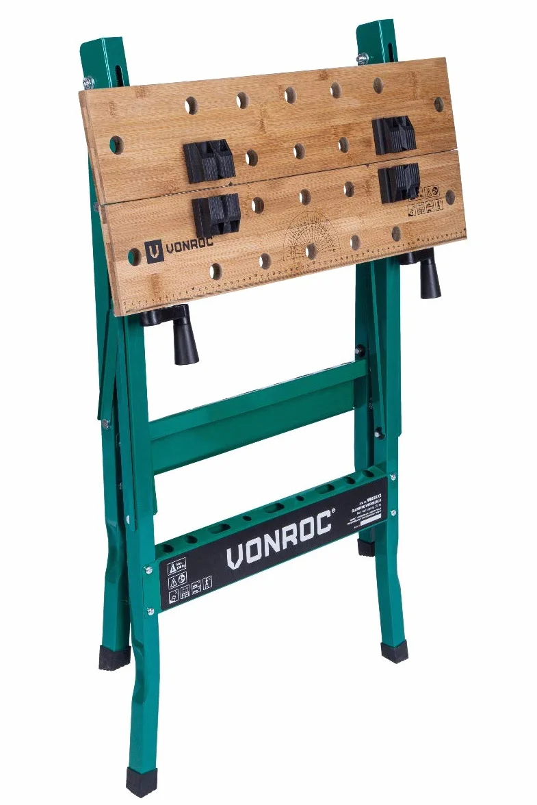 VONROC Banco da lavoro richiudibile in legno di bambù. Portata massima 150 kg, pieghevole. Dimensioni: Larghezza: 520 mm - Altezza: 775 mm - Lunghezza: 635 mm