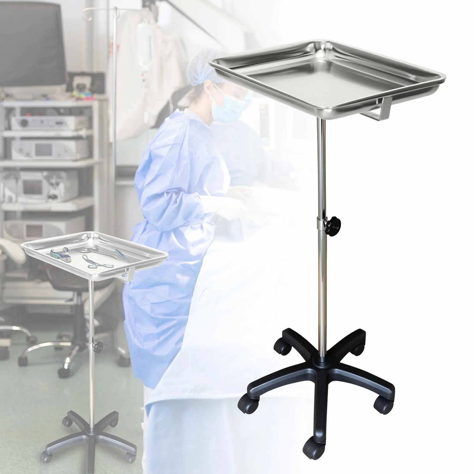 Supporto per strumenti Mayo, tavolo rotolante mobile per denti, veterinari, forniture per cliniche per animali domestici - altezza regolabile 35 "-51" carrello doppio con vassoio a sollevamento (B)