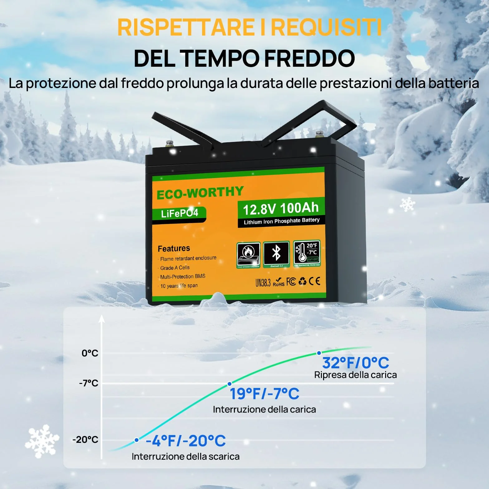 ECO-WORTHY LiFePO4 100 Ah Bluetooth, Batteria al Litio 12 V 100 Ah con Protezione BMS a Bassa Temperatura e max. 15000 Cicli, Batteria da 1280 Wh per Camper, Pannello Solare, Barca