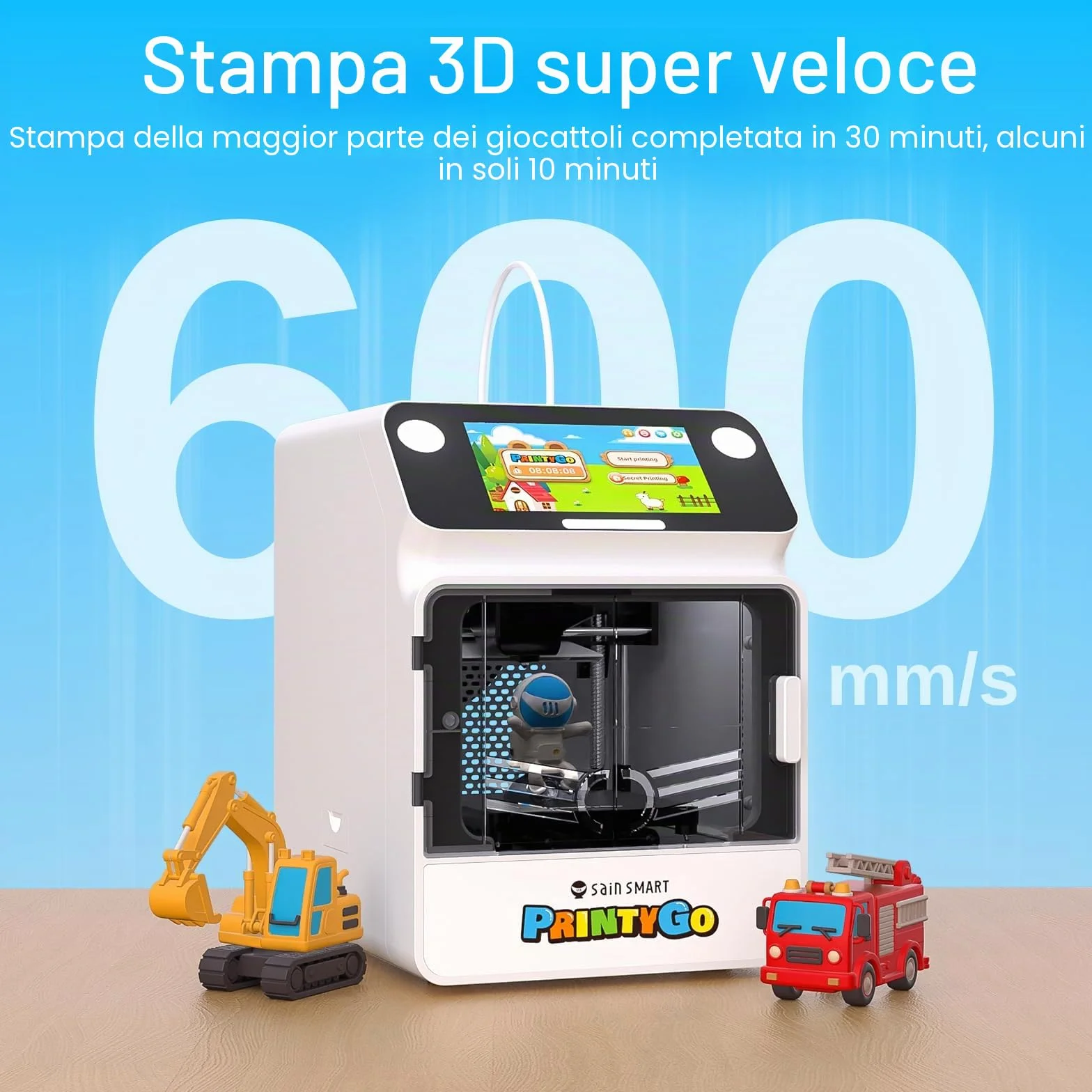 Stampante 3D PrintyGo Mini per bambini, stampante autolivellante da 600 mm/s per principianti con touch screen da 5", design sicuro per bambini, controllo Wi-Fi/app, regalo di apprendimento STEM