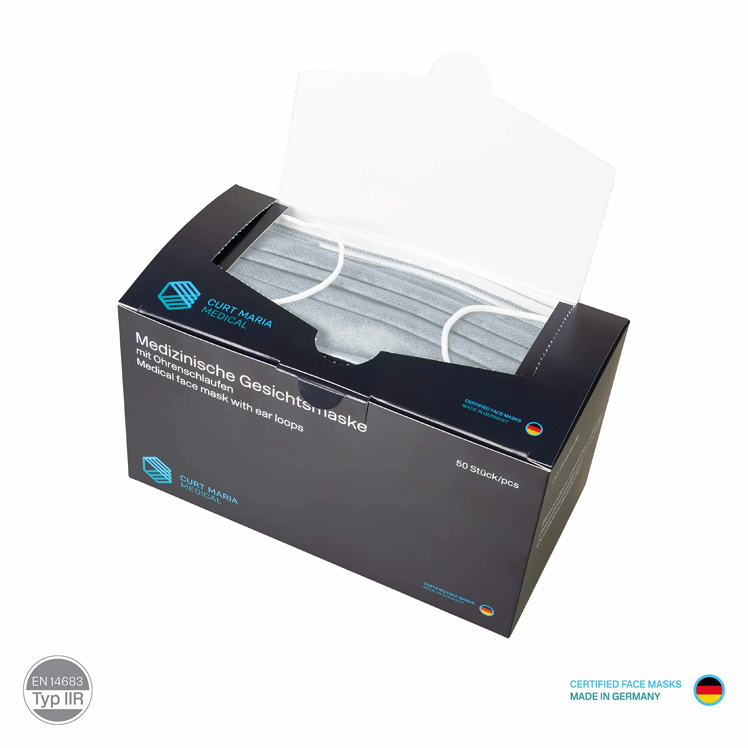 Curt Maria Medical 3-Ply Medical Masks con anelli per l'orecchio, grigio, confezione da 50