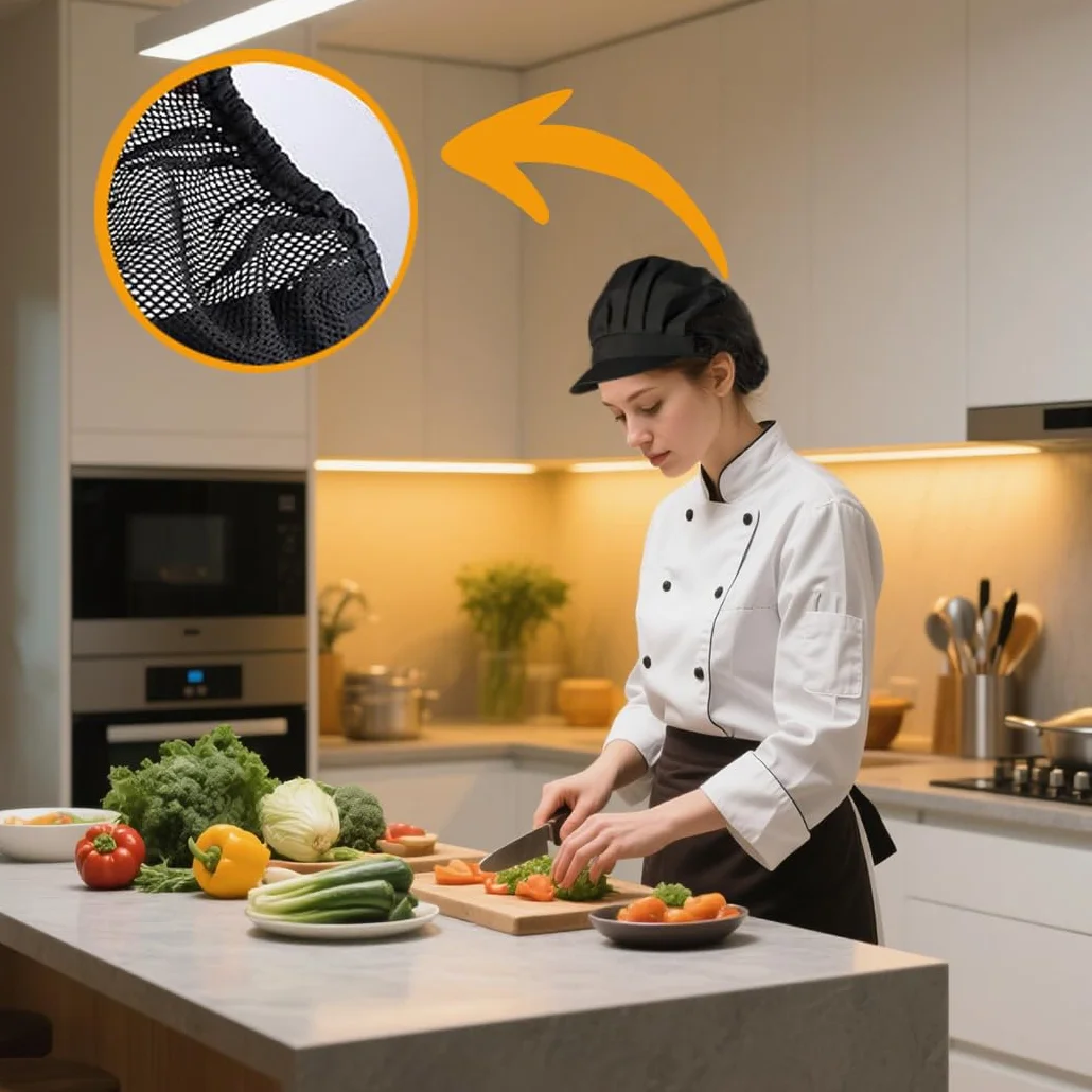 Voarge 2 pezzi cappello da cucina chef elastico traspirante Nero 55/62 cm