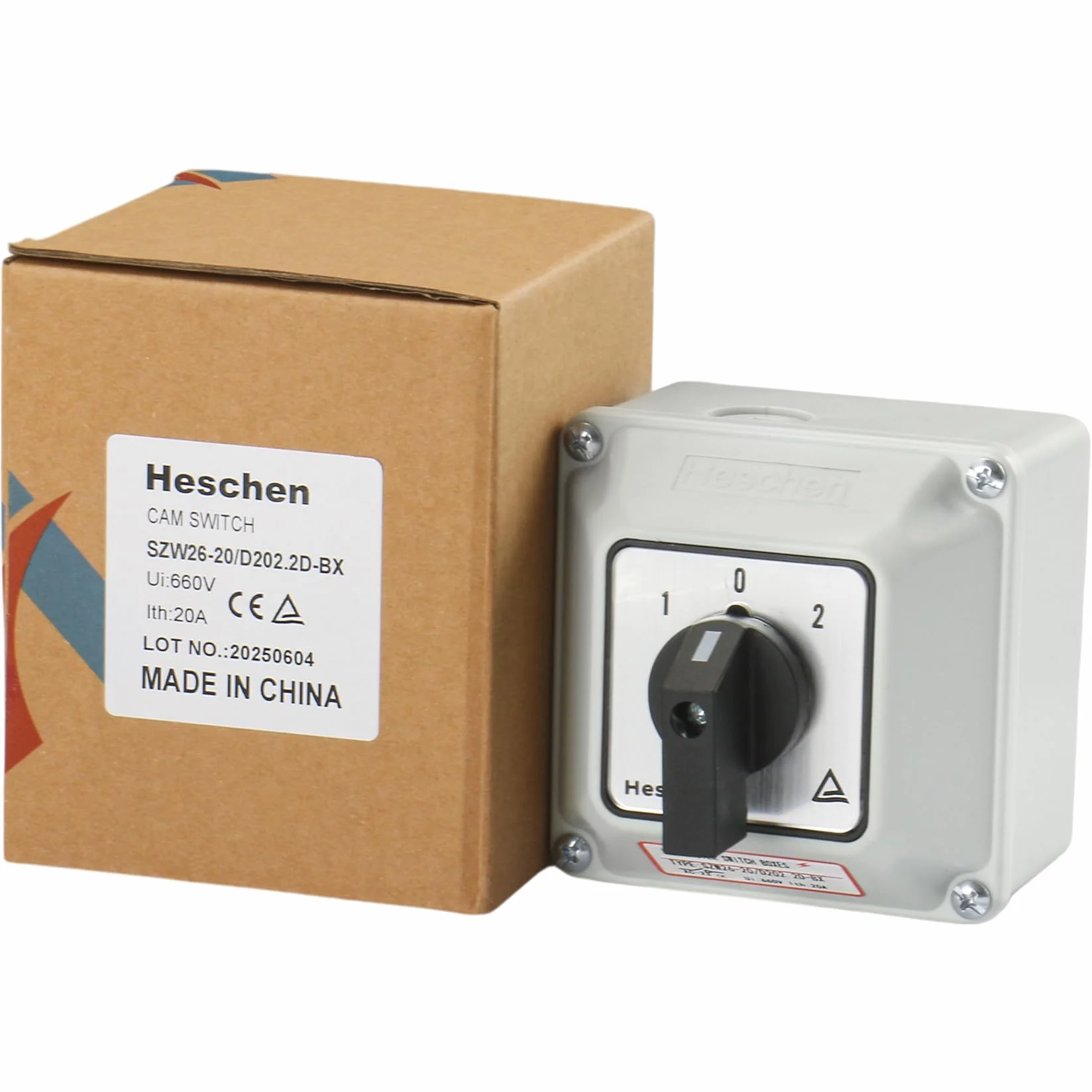 Heschen Interruttore selettore universale rotativo, SZW26-20/D202.2D, 660V 20A, 3 posizioni On-Off-On, 2 fasi 8 terminali, con scatola esterna interruttore master (Scatola più grande)