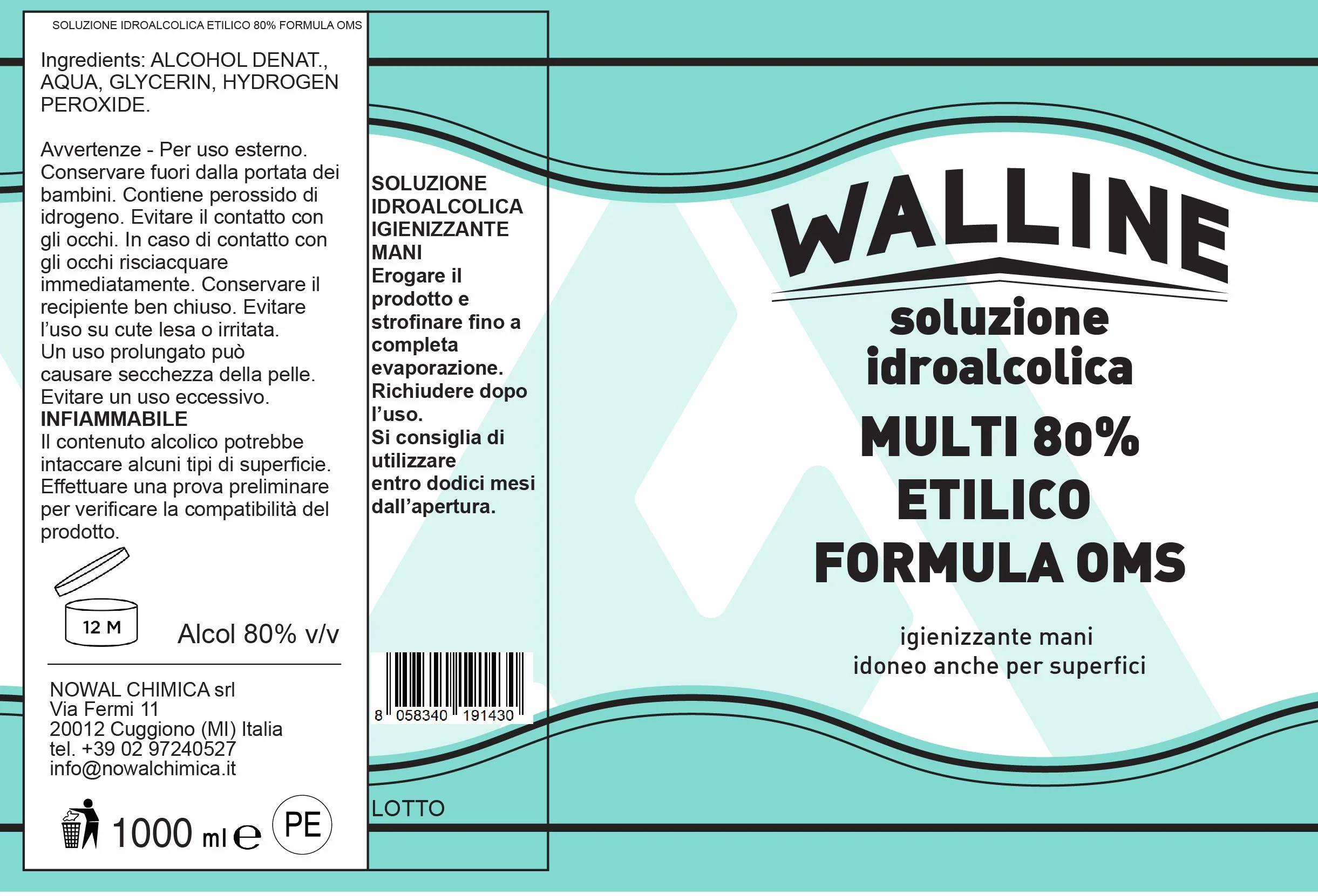 Soluzione Idroalcolica MULTI 80% ETILICO FORMULA OMS - Kit Walline MULTIUSO RICARICA 4L igienizzante mani e superfici