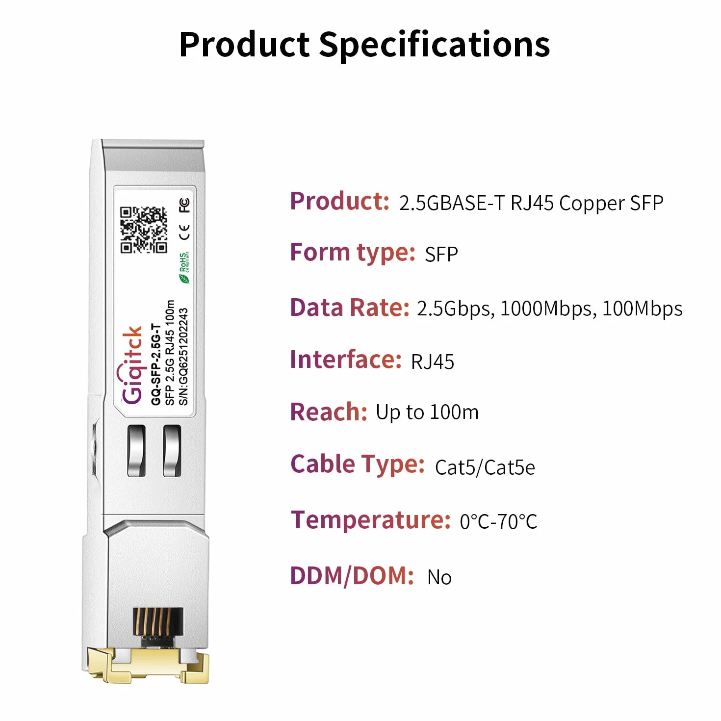 2.5GBASE-T SFP RJ45 Modulo 2.5G SFP Ricetrasmettitore Mini-GBIC Compatibile per Cisco SFP-2.5G-T, Ubiquiti, MikroTik, TP-Link fino a 100m