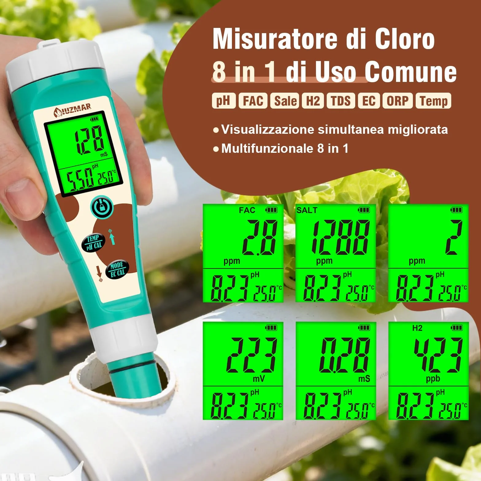 UIUZMAR Misuratore di pH e Sale cloro per piscina, Tester di pH e ORP per Idrogeno per Acqua Potabile, 8 in 1 pH, Sale, Cloro, H2, ORP, EC, TDS, Temperatura per Idroponica, Acquario