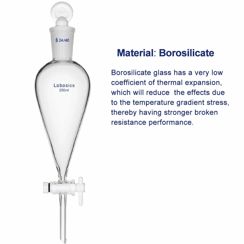 Labasics Imbuto Separatore Conico in Vetro Borosilicato 250ml con Rubinetto di Arresto in PTFE
