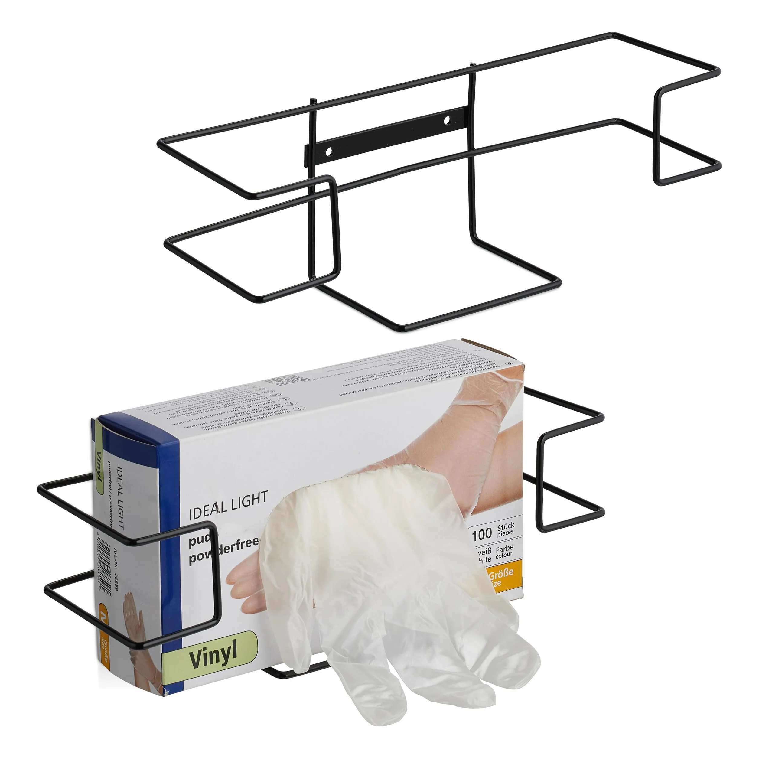 Relaxdays Set 2 Porta Guanti Monouso da Muro, Supporto Scatole Portaguanti in Lattice, HLP: 9,5x28x9,5 cm, Ferro, Nero