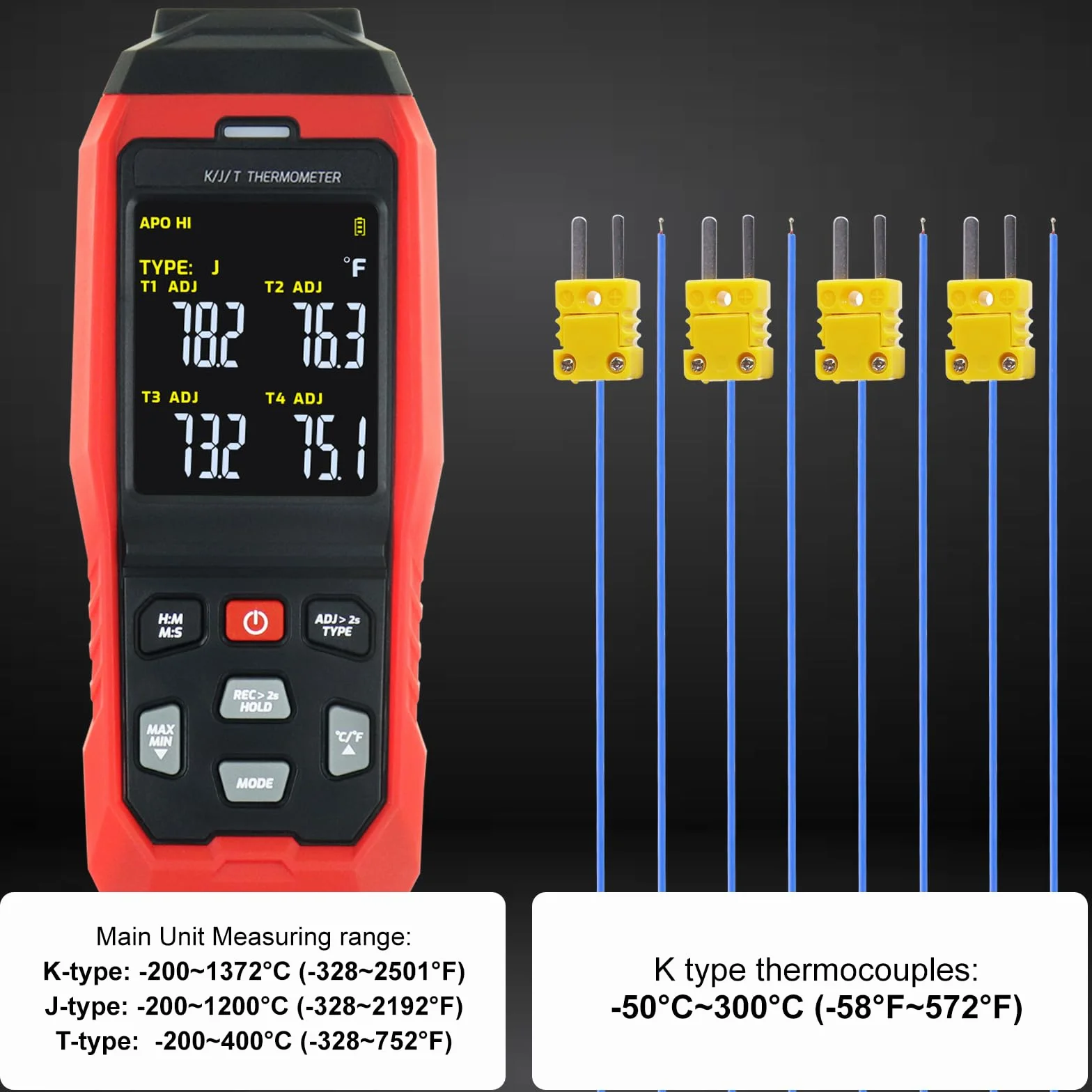 Registratore Dati Termometro a Termocoppia 4 Canali Tipo K, -328~2501°F, Allarmi Acustici Visivi