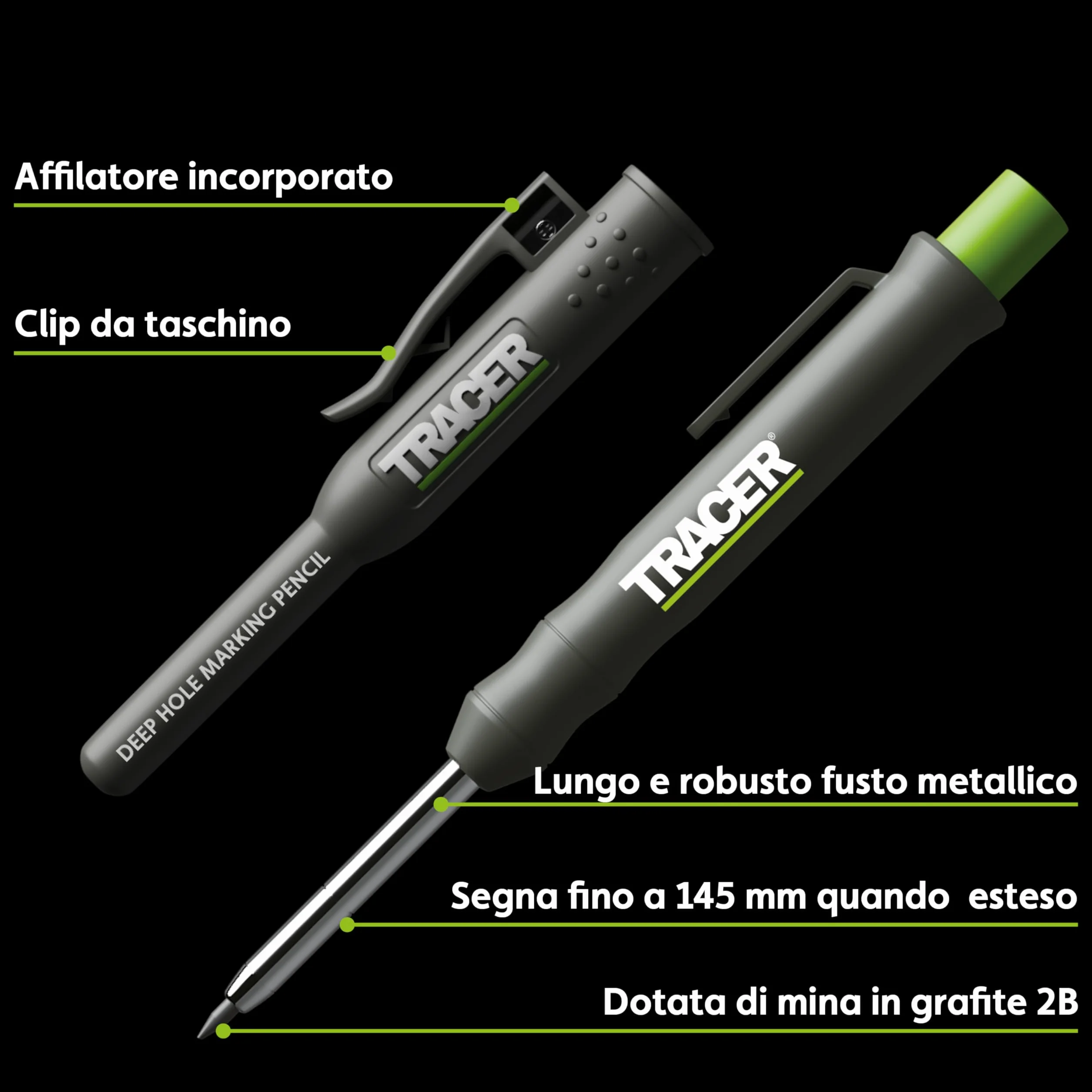 TRACER - Calibro per contorni, 250 mm, con matita per lavori di costruzione con fori profondi, set di matite per carpentieri