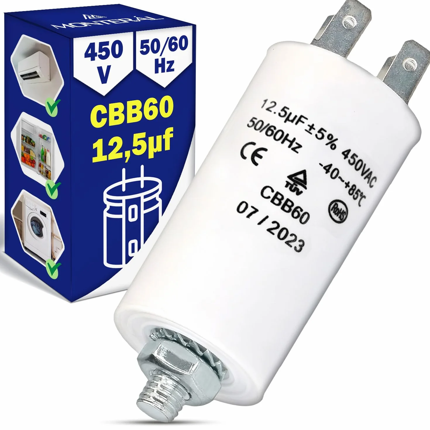Condensatore di Avviamento CBB60 12,5µf 450V 50/60Hz -25 a +85 °C MONTERAL
