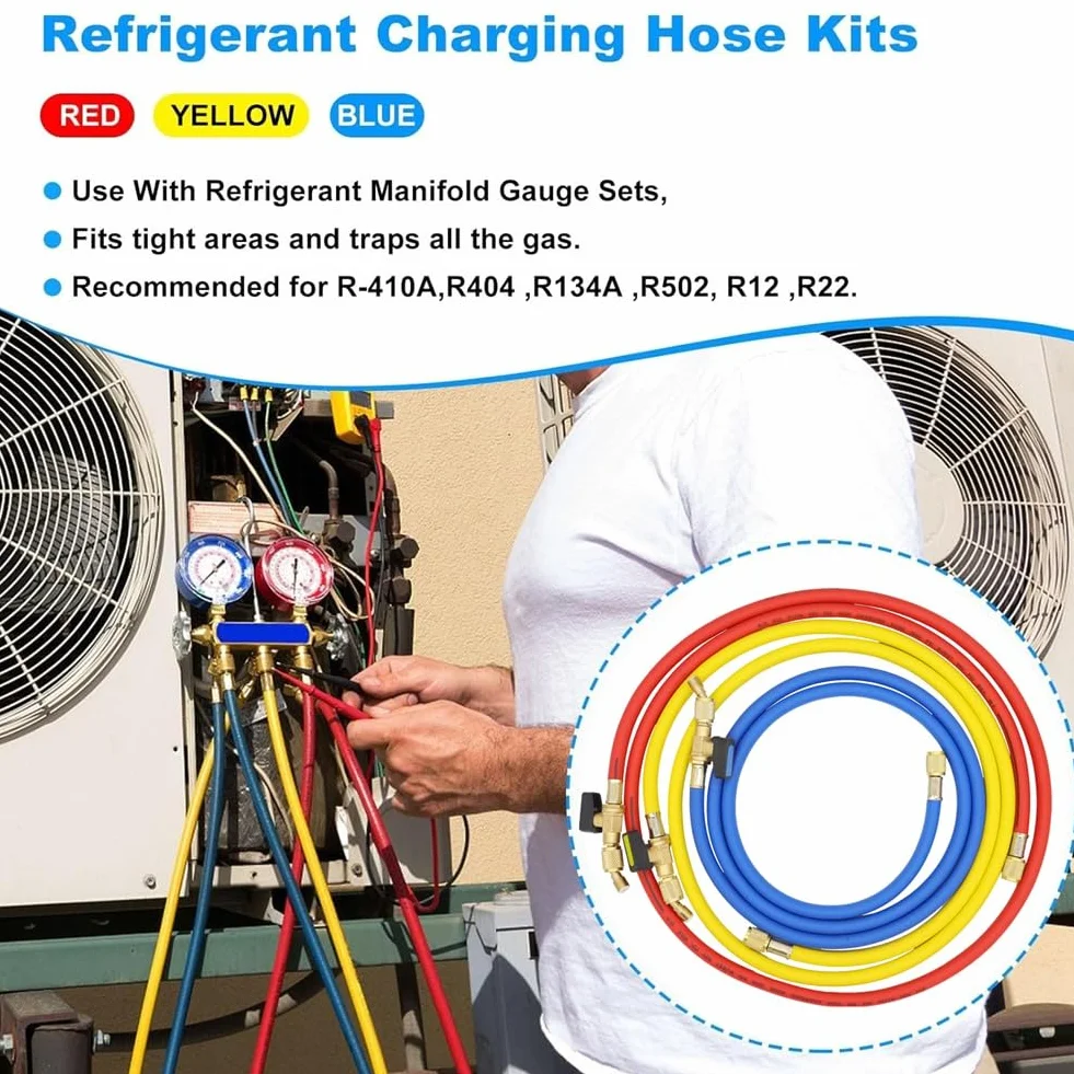 Fivetwofive Tubi Flessibili di Ricarica Refrigerante A/C da 1,6 M con Valvole A Sfera HVAC 1/4 Pollici SAE Adatti per Aggiunta di Refrigerante R134A R12 e Aria Condizionata