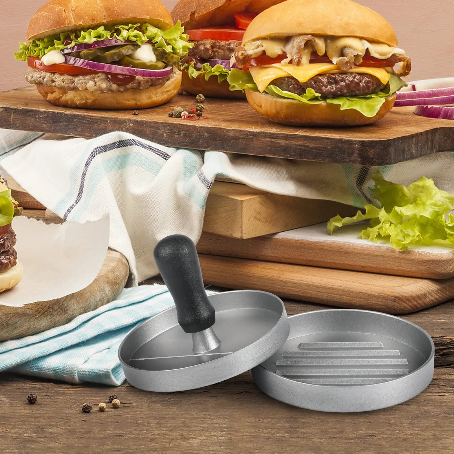 Burger Press e 100 carta oleata antiaderente per carne Patty Hamburger Maker per preparare hamburger tascabili ripieni da un quarto di libbra o grandi 1/3 di libbra, alluminio per barbecue
