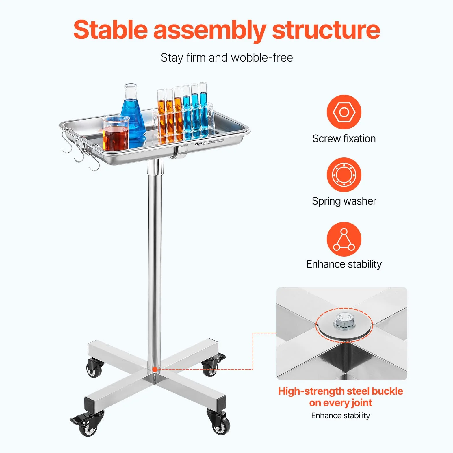VEVOR Carrello da Laboratorio in Acciaio Inox, Regolabile in Altezza 84-132,5 cm, Carico 16kg