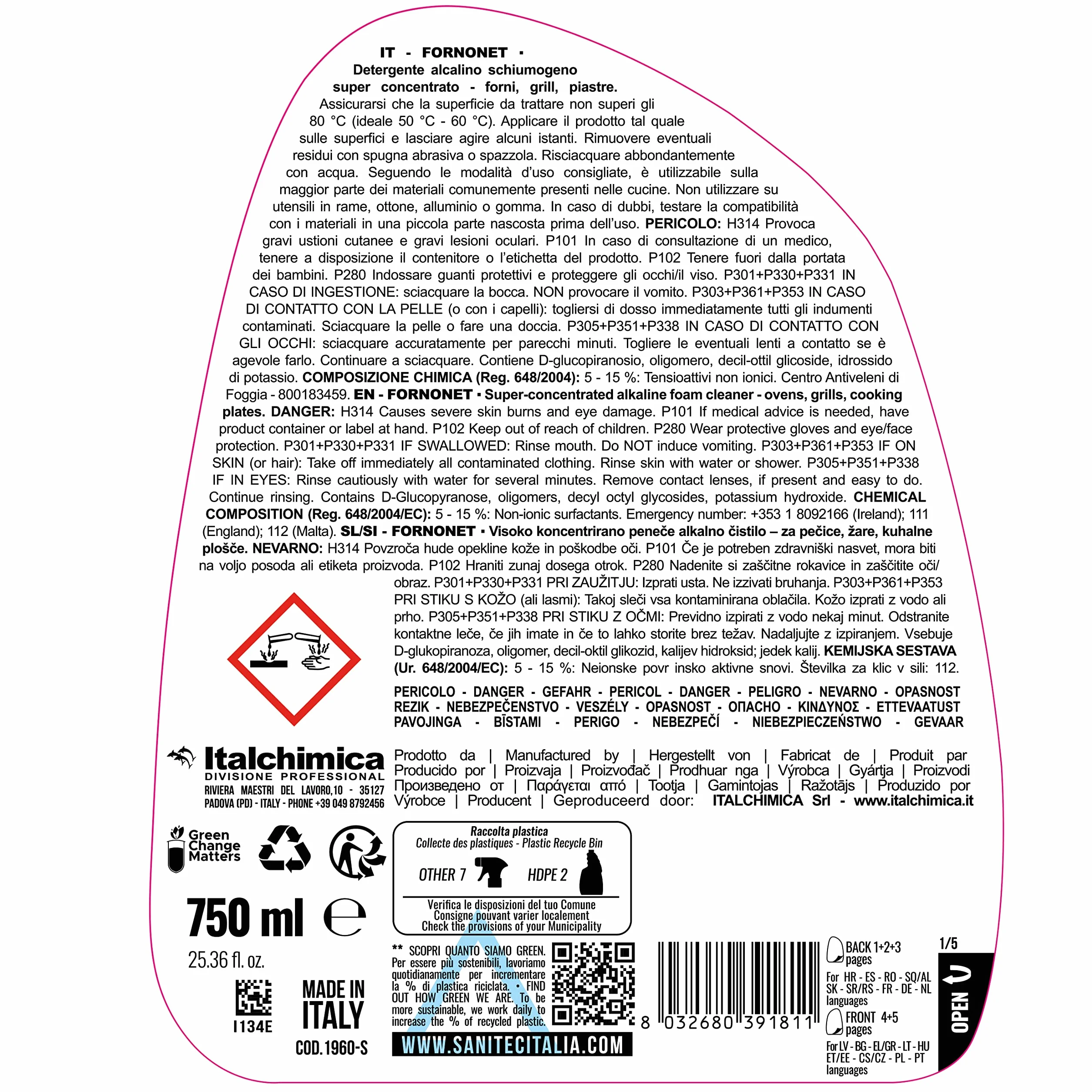 Sanitec Detergente Alcalino Schiumogeno Super Concentrato per Forni Grill e Piastre 6 Flaconi 750 ml