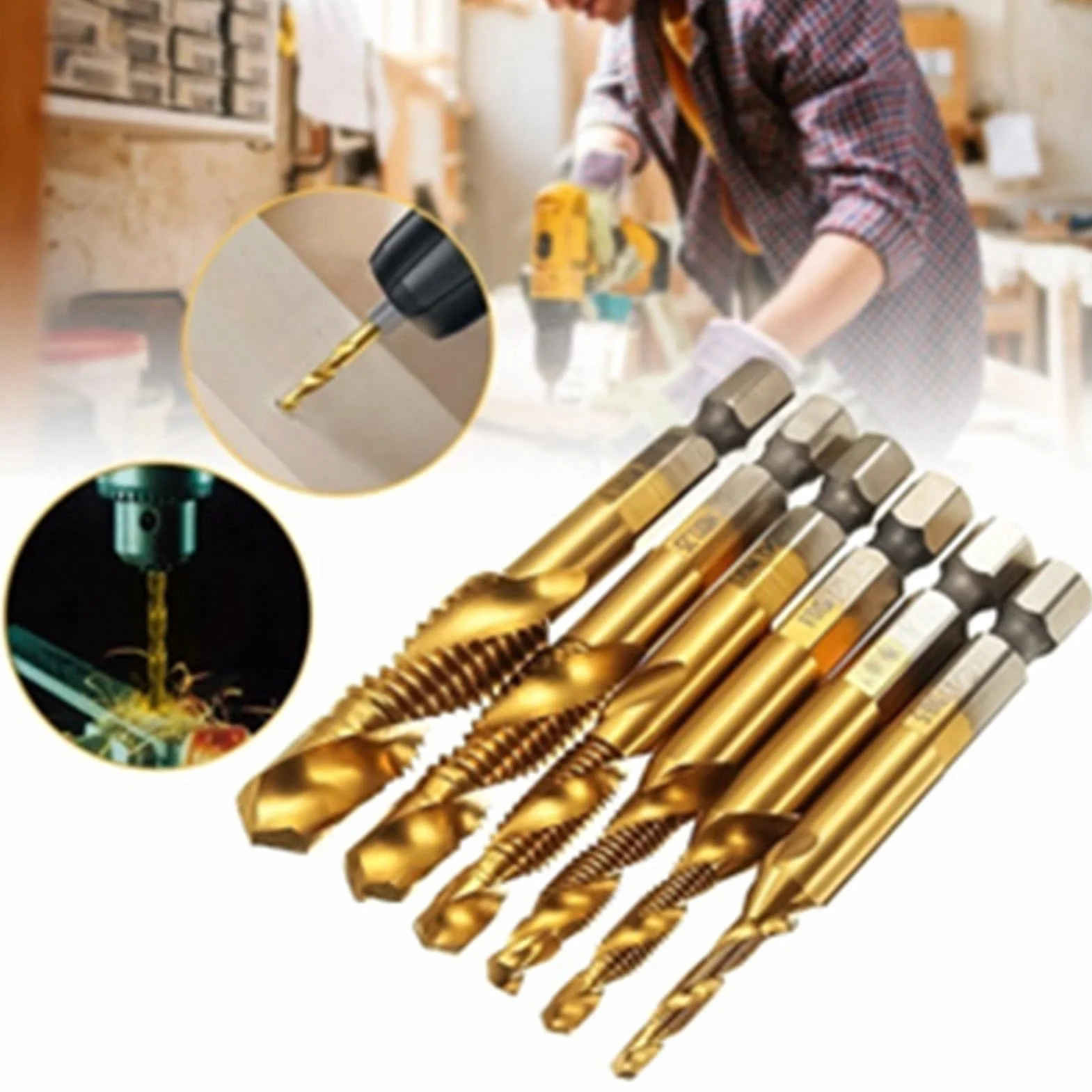 Set di 6 punte per trapano e maschiatura, filettatura metrica M3-M10, codolo esagonale 6 mm HSS placcato in titanio