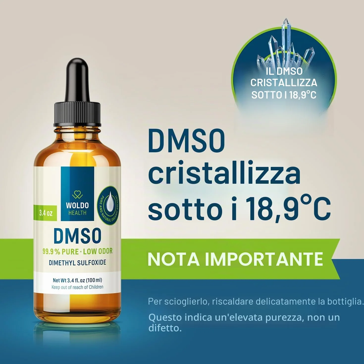 WoldoHealth DMSO 99,9% Dimetilsolfossido 100ml puro vetro ambrato con pipetta