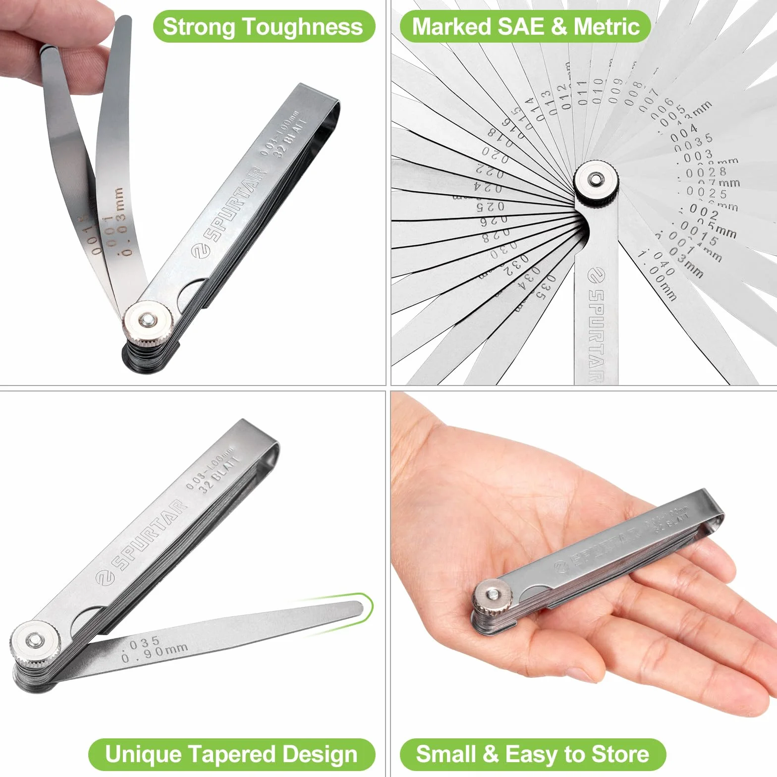Spurtar Spessimetro 32 Lame 0,03-1,00mm/0,001-0,04" Strumento di Misurazione in Acciaio