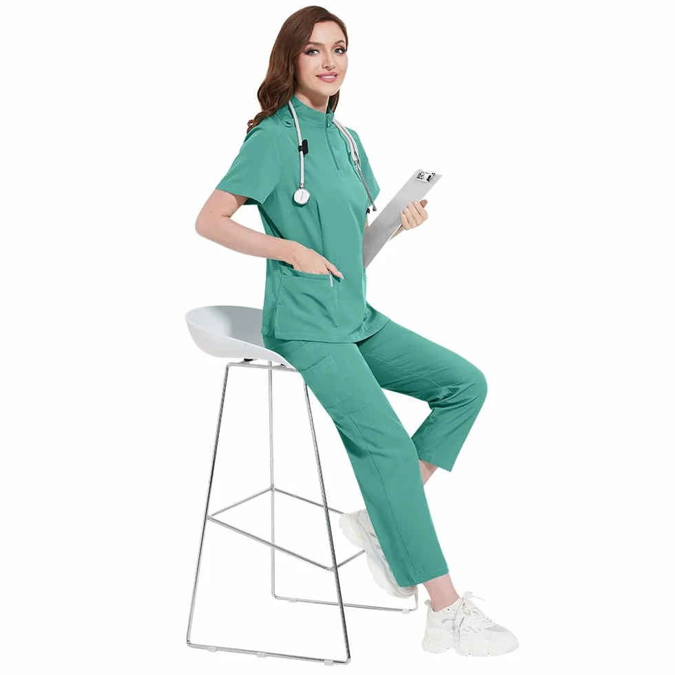 Unisex Scrub Medico Set DK50 Poliestere Cerniera Collo Top Pantaloni Elasticizzati 4 Tasche Traspirante