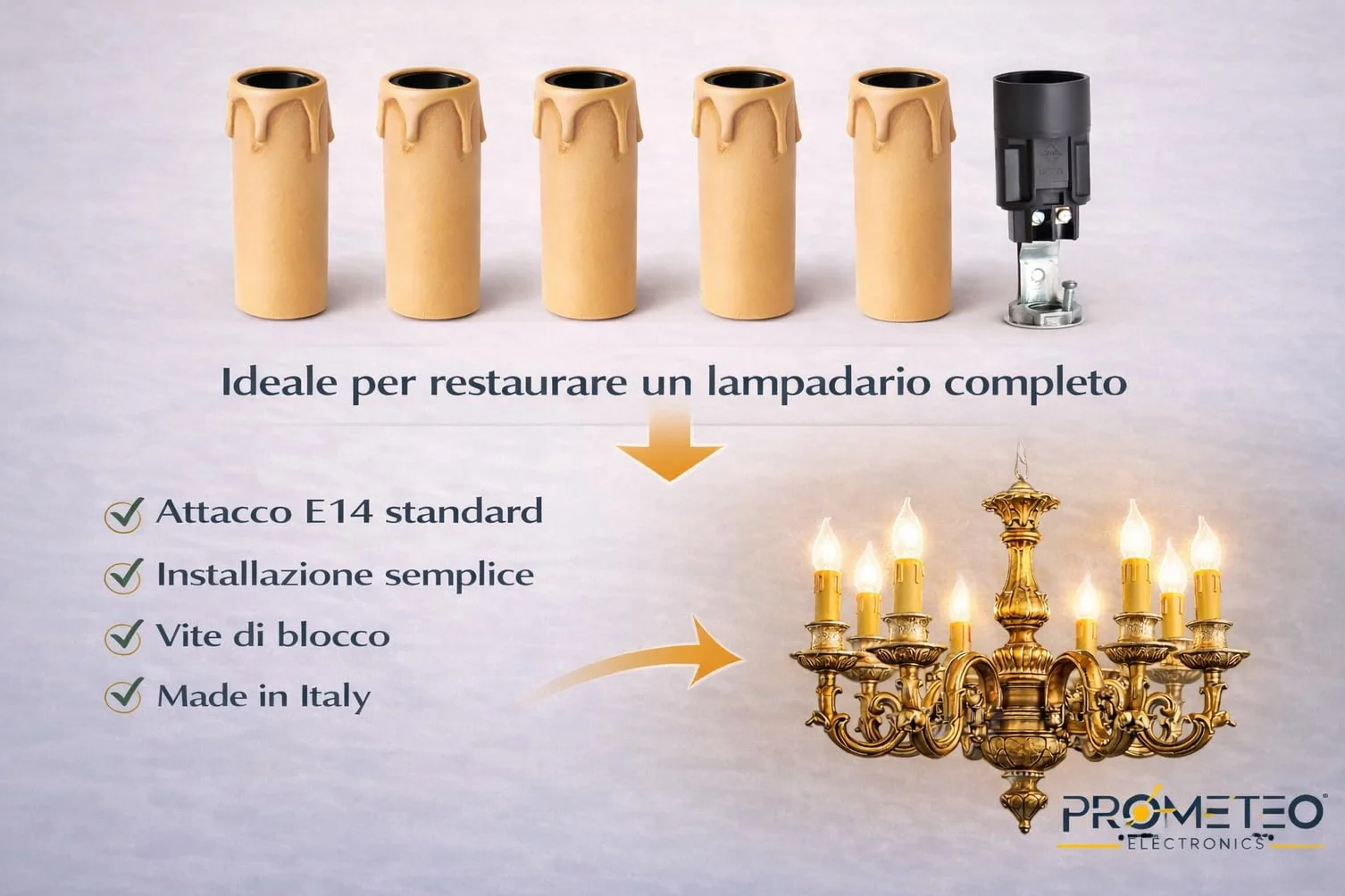 Kit 6 Portalampade E14 Finta Candela Antichizzata – Portalampada Vintage per Lampadari Classici – Attacco E14 con Nipplo M10 e Vite di Sicurezza – H65 mm