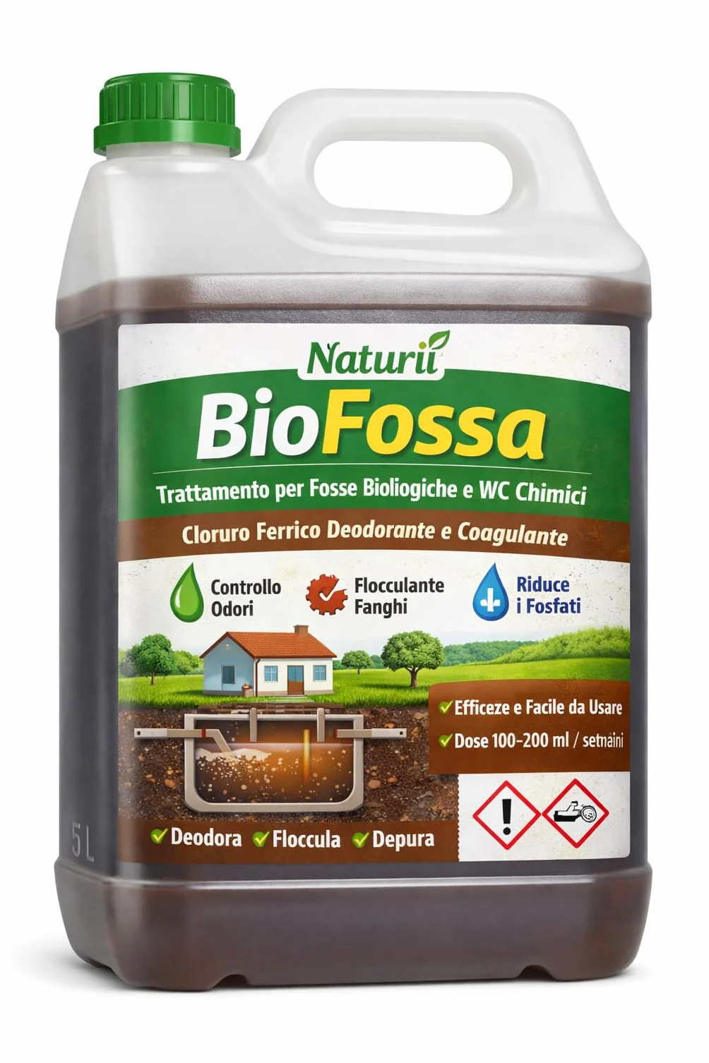 Naturii BioFossa Cloruro Ferrico per Fosse Biologiche e Imhoff | Elimina Odori (H₂S), Flocculante Fanghi e Riduttore Fosfati | 5 Litri