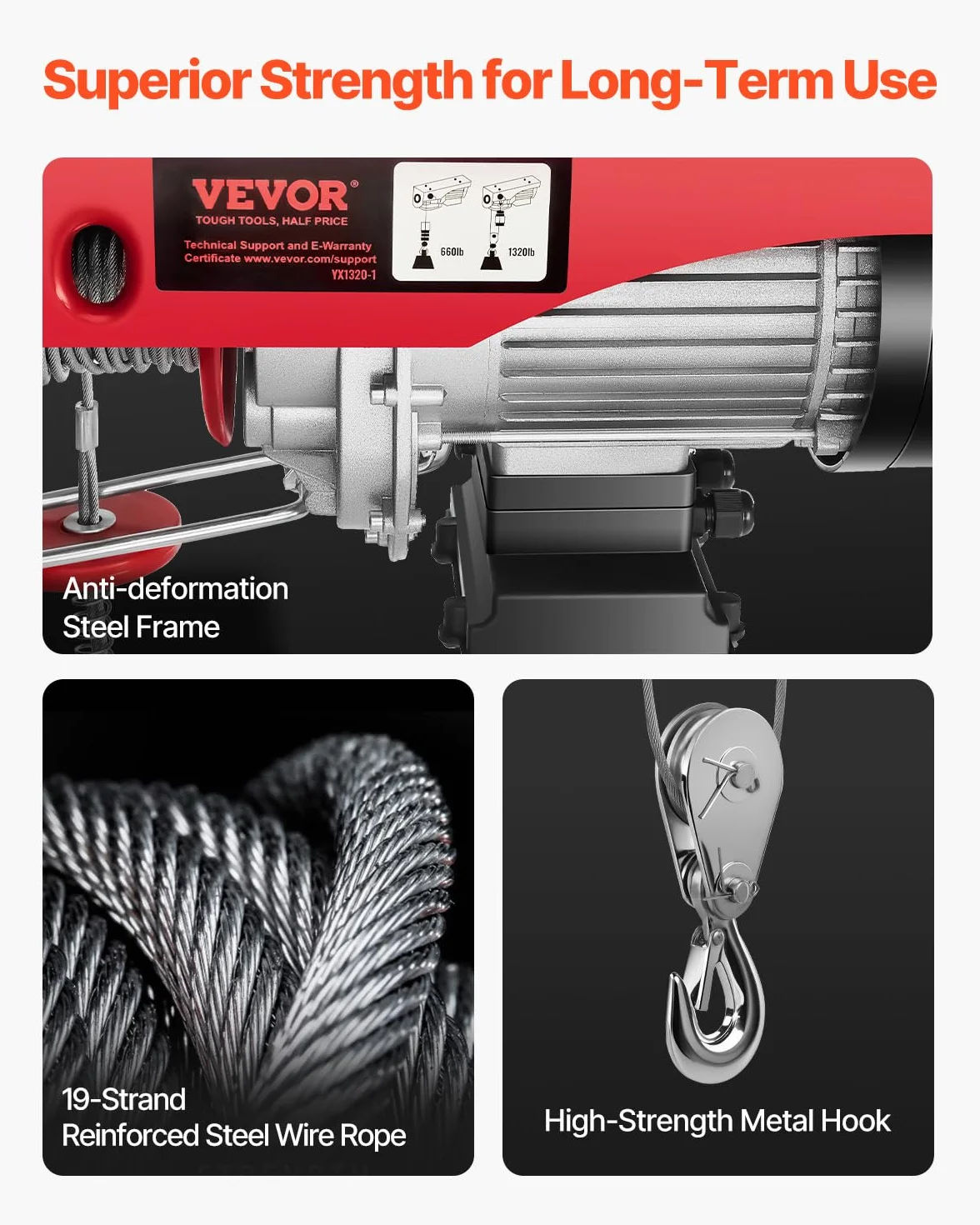 VEVOR Paranco a Leva Elettrico 1150 W Carico Max. da 600 kg Altezza di Sollevamento 12 m Motore con Telecomando, Paranco Elettrico a Leva per Sollevamento Carico Velocità 10 m/min da Garage