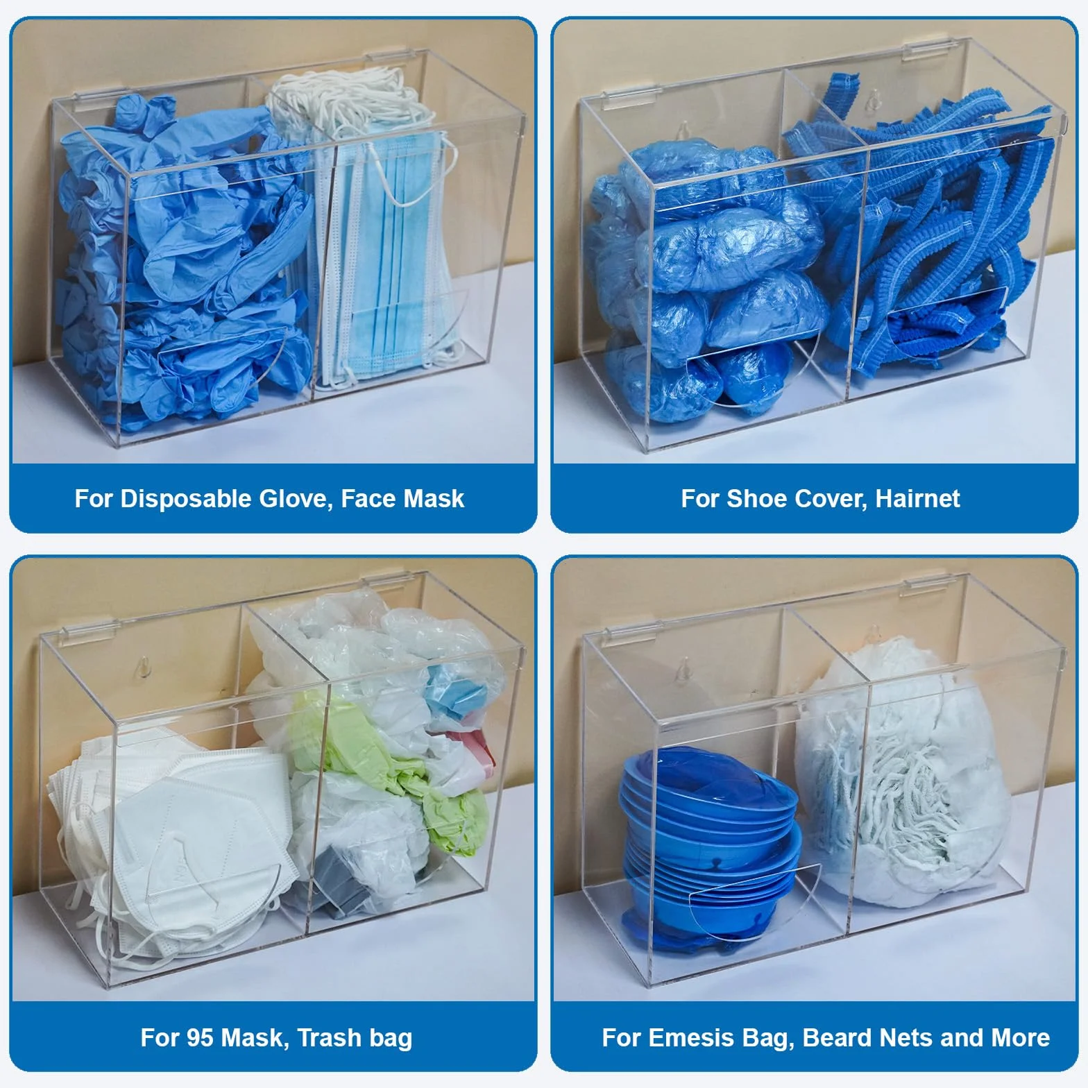SEANADO Dispenser per guanti in acrilico trasparente con coperchio, 2 scomparti, per reti da barba, retine per capelli, sacchetti di plastica, copriscarpe, montaggio a parete o da tavolo