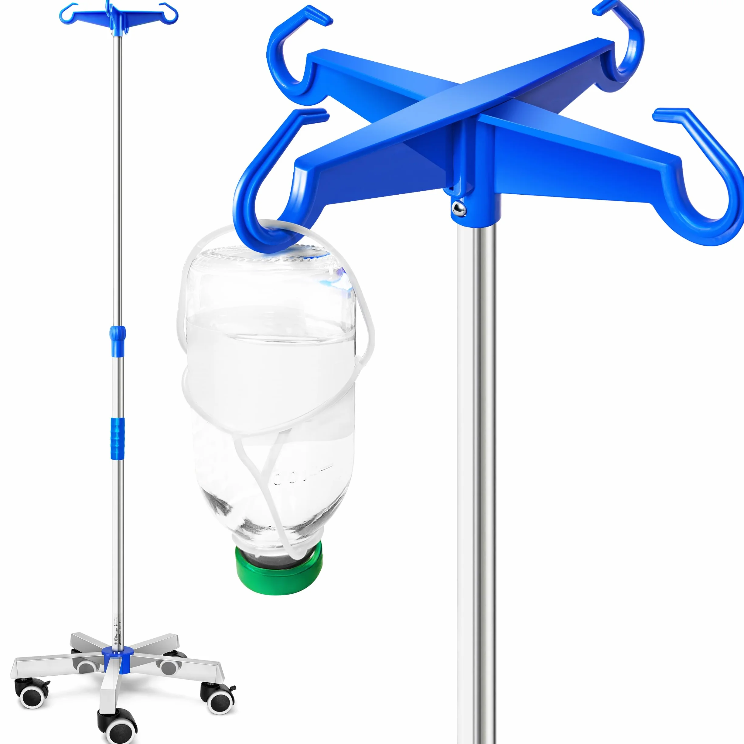 AIESI® Asta per flebo in ACCIAIO INOX con 4 ganci in plastica e ruote piroettanti con freno, Incluso 2 supporti reggiflacone da 100 ml, Garanzia Italia 24 mesi