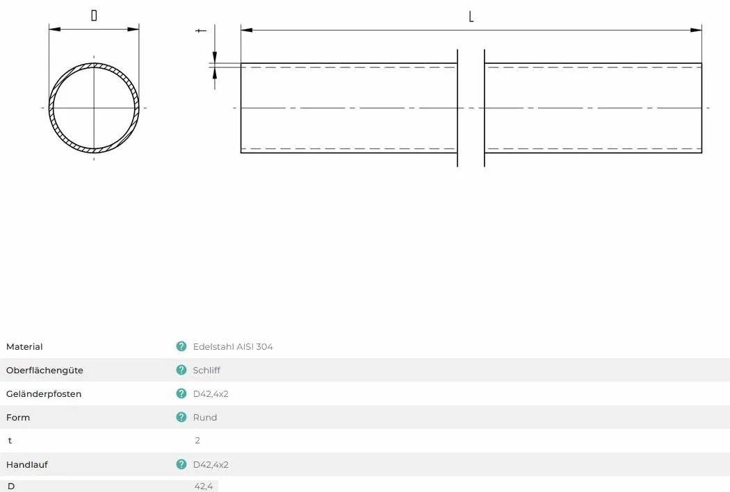 Sellon24® Tubo rotondo in acciaio inox V2A, tubo in acciaio inox, Ø 42,4 x 2,0 mm, tubo K320, 100-200 cm (200 cm)