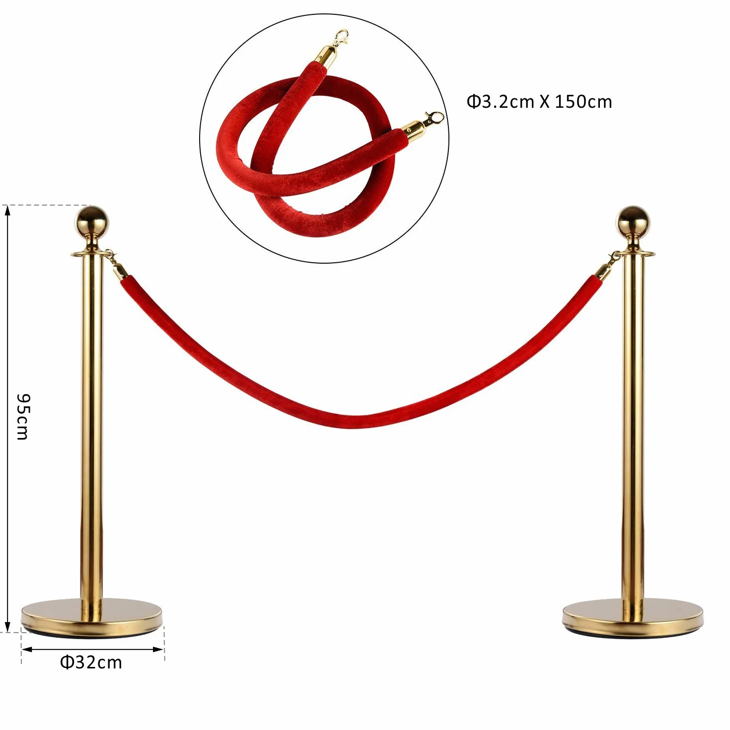Outsunny Transenne Elimina Separacode Paletti di Delimitazione con Corde Rosso Acciaio Inox Ф32 x 95CM Oro