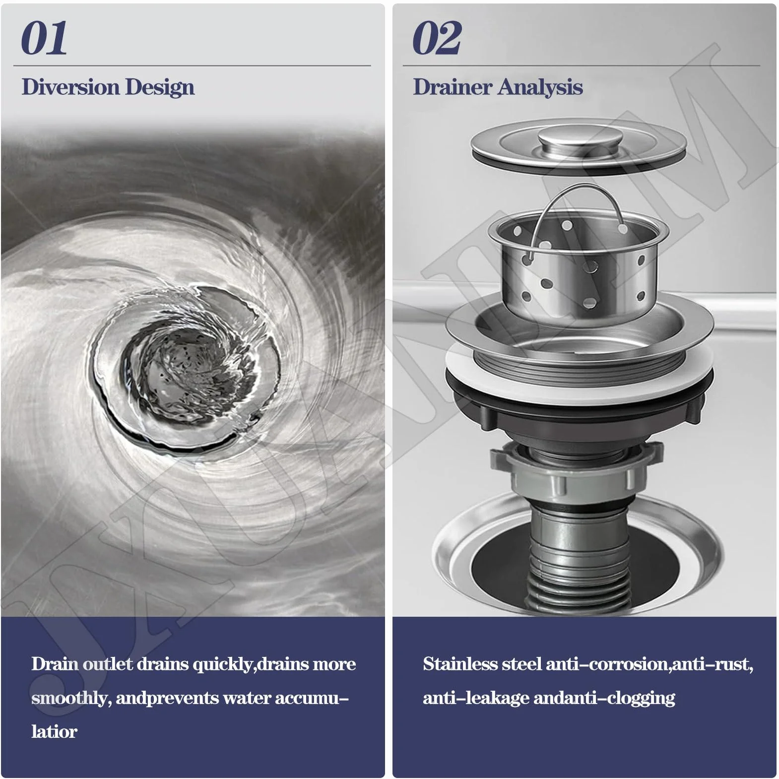 Lavello con lavabo profondo e tubo di scarico, secchio per mocio in acciaio inox per lavanderia e cucina, piedini regolabili di livellamento inclusi