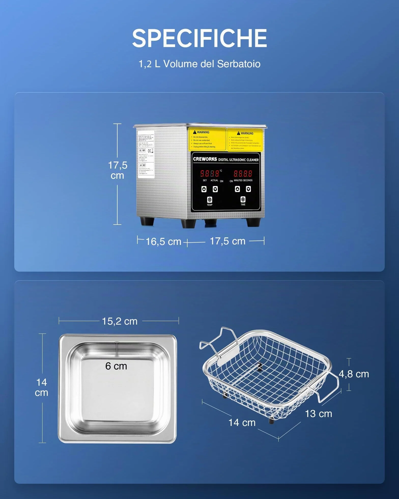 Pulitore Ultrasuoni Industriale 1L 50W Acciaio Inossidabile con Riscaldatore Timer Digitale