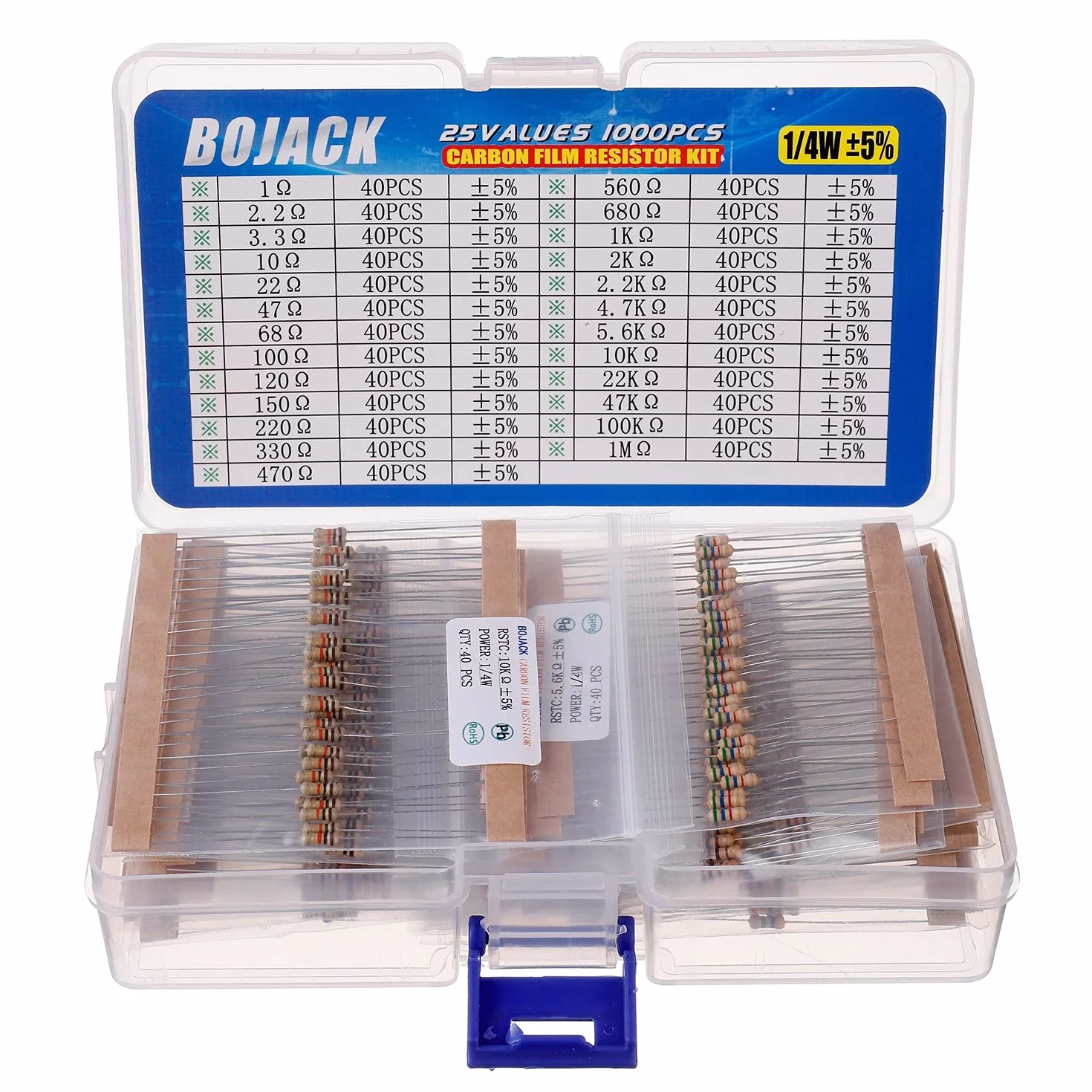 Kit resistori BOJACK 1 Ohm-1 M Ohm 1/4 W pellicola carbonio 1000 pezzi
