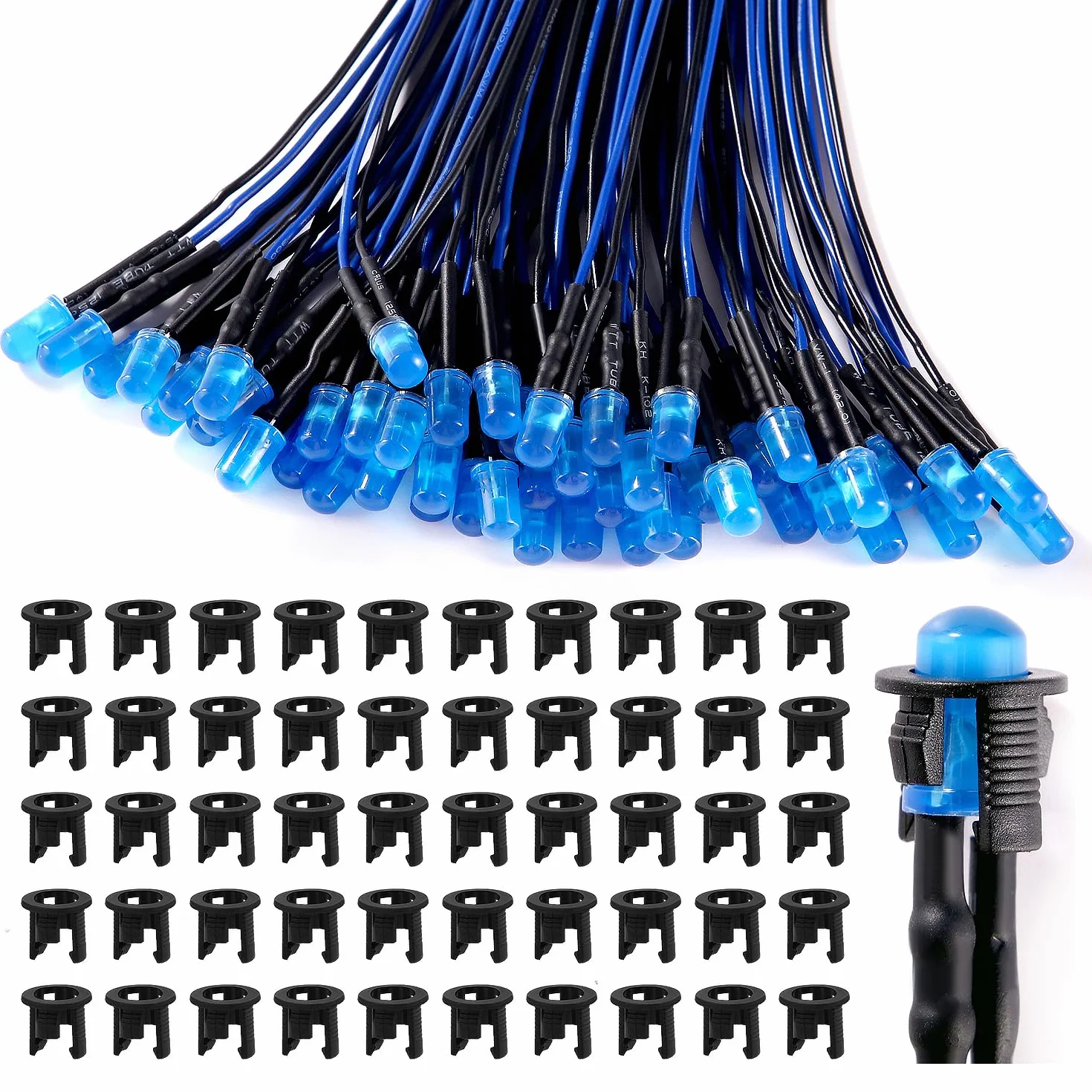 50 Pezzi 5mm 12V LED Diodo ad Emissione Luminosa Blu Precablata 20cm Diffuse + Supporto Plastica