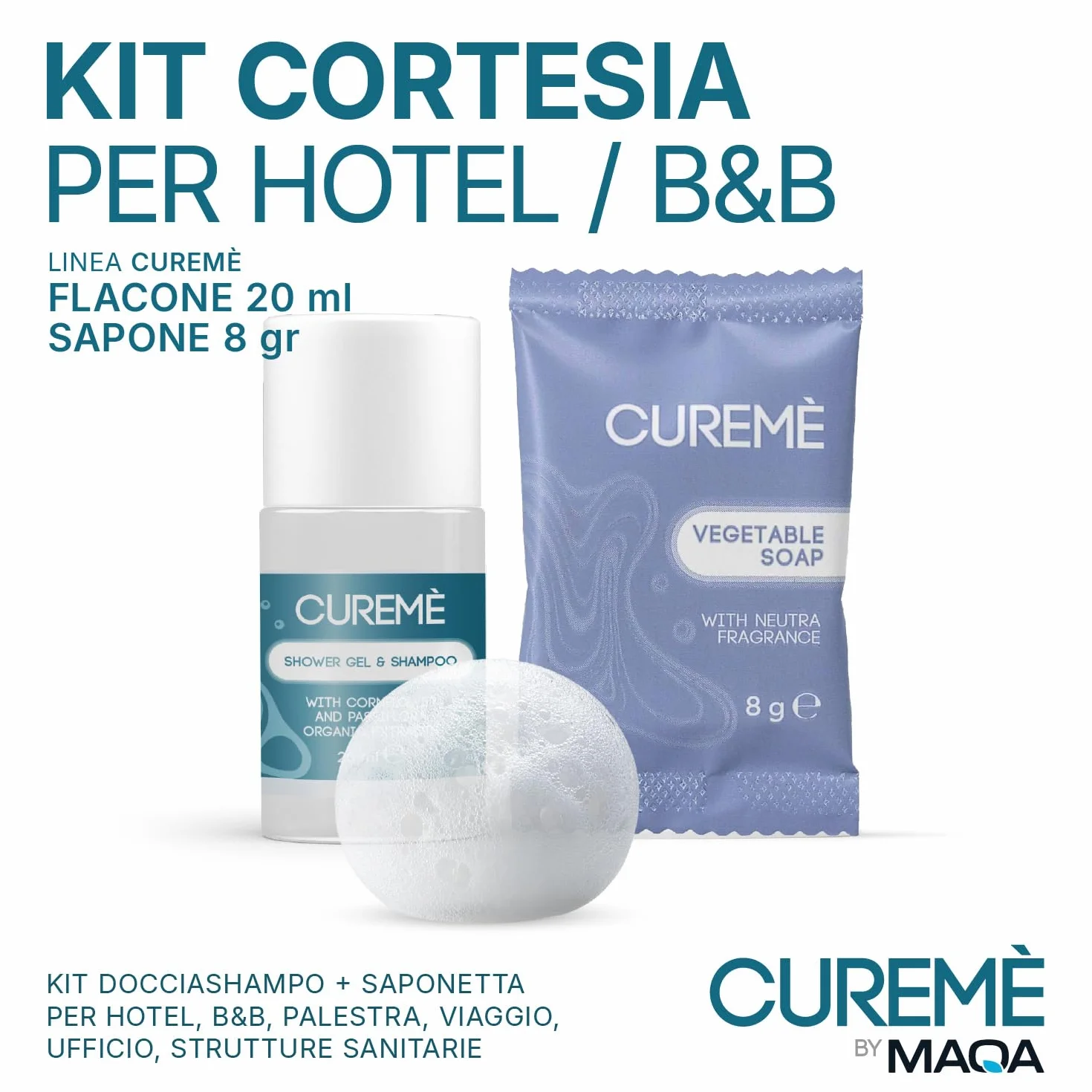 Set Cortesia Bagno per B&B Completo 200 Pezzi – Shampoo Doccia 20 ml + Saponette 8 g Monodose