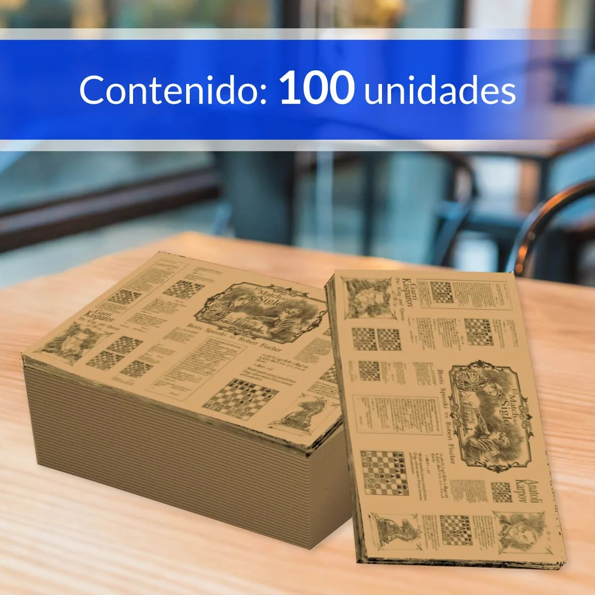 Hostelnovo Carta antigrasso per avvolgere alimenti - Confezione da 100 pezzi - 30 x 20 cm - Carta di giornale Kraft marrone - Design unico delle leggende di scacchi - Ideale per patate fritte