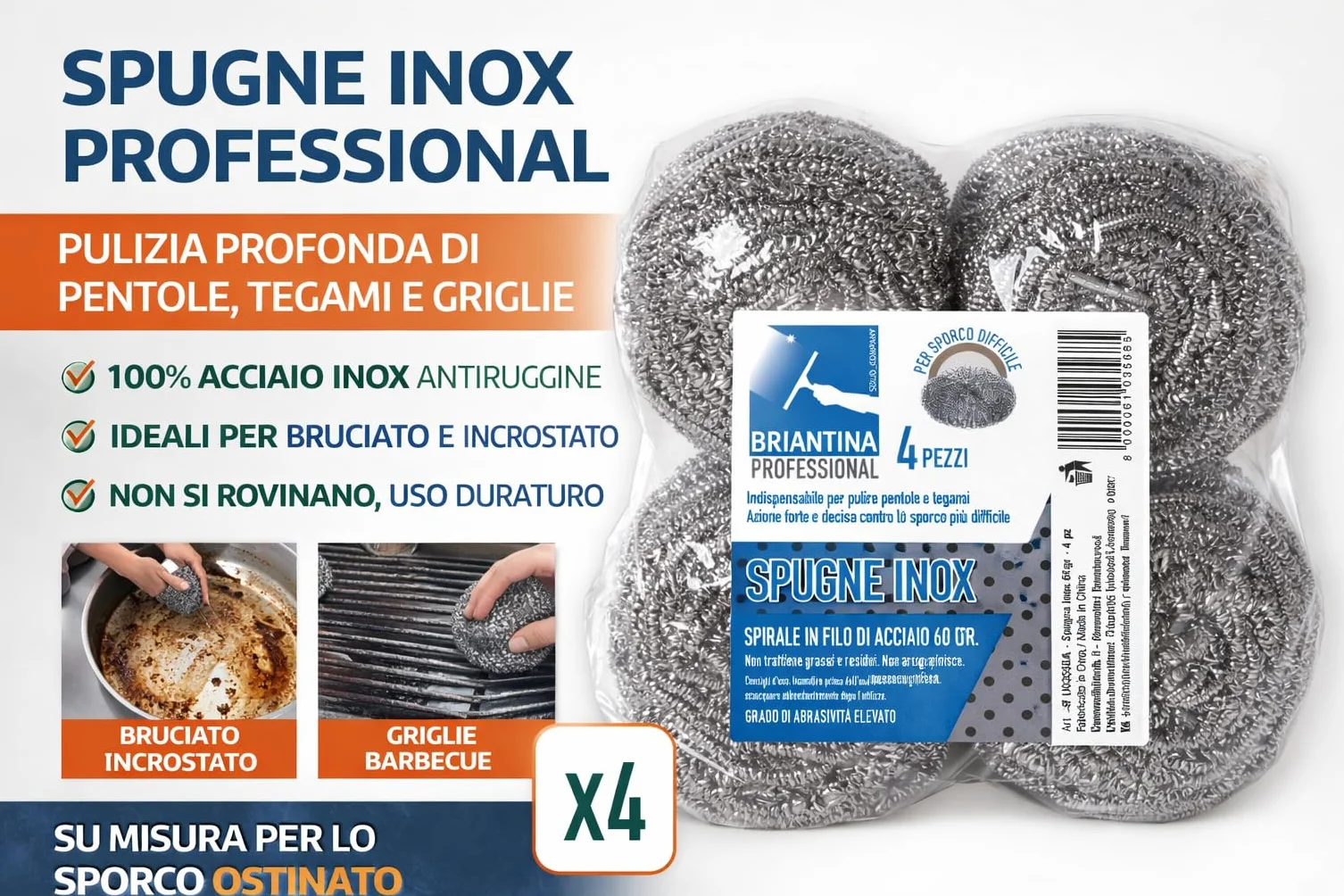 Spugne Inox Professionali in Acciaio Antiruggine 60 g – Confezione da 4 Pagliette Acciaio Abrasive per Pentole, Tegami, Griglie e Barbecue – Lana d’Acciaio per Pulizia Sporco Incrostato e Bruciato,
