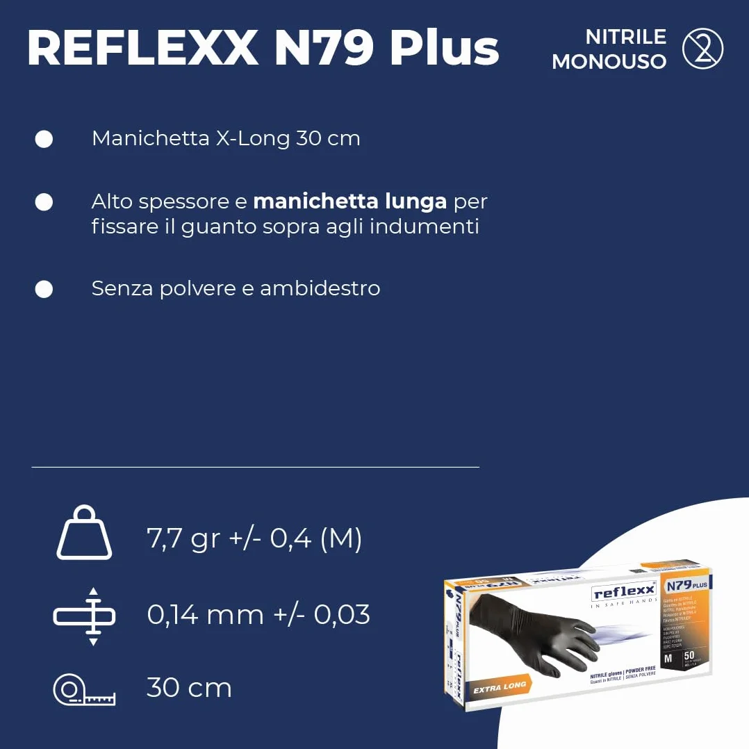 Reflexx N79P/L Guanti in Nitrile Senza Polvere, Nero, 50 Pezzi