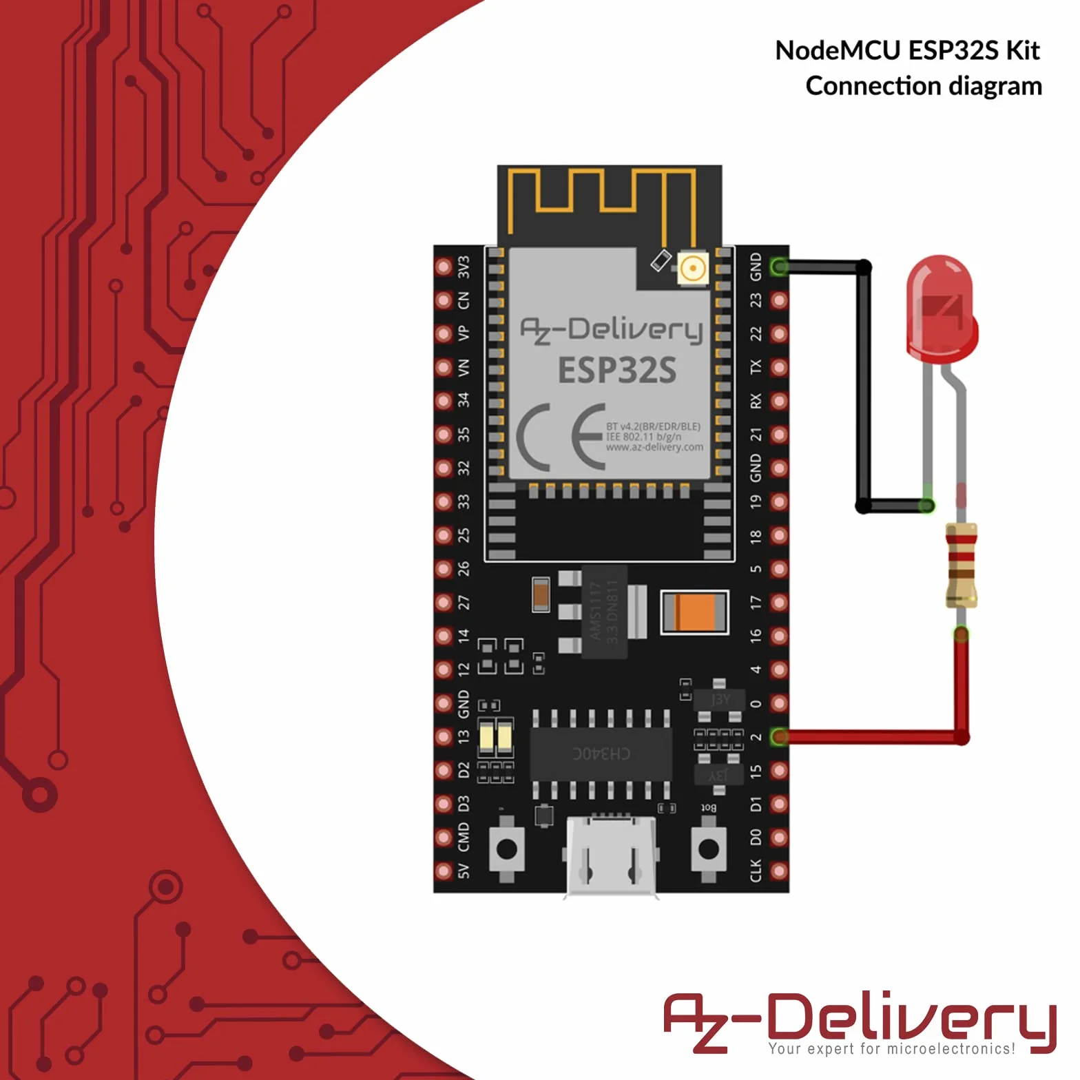 AZDelivery NodeMCU ESP32 S Kit Bluetooth Audio BLE MCU Moduli di sviluppo Wifi Board con 2,4 GHz WLAN Dual Core CPU Processore integrato 2-in-1 Microcontroller incluso E-Book