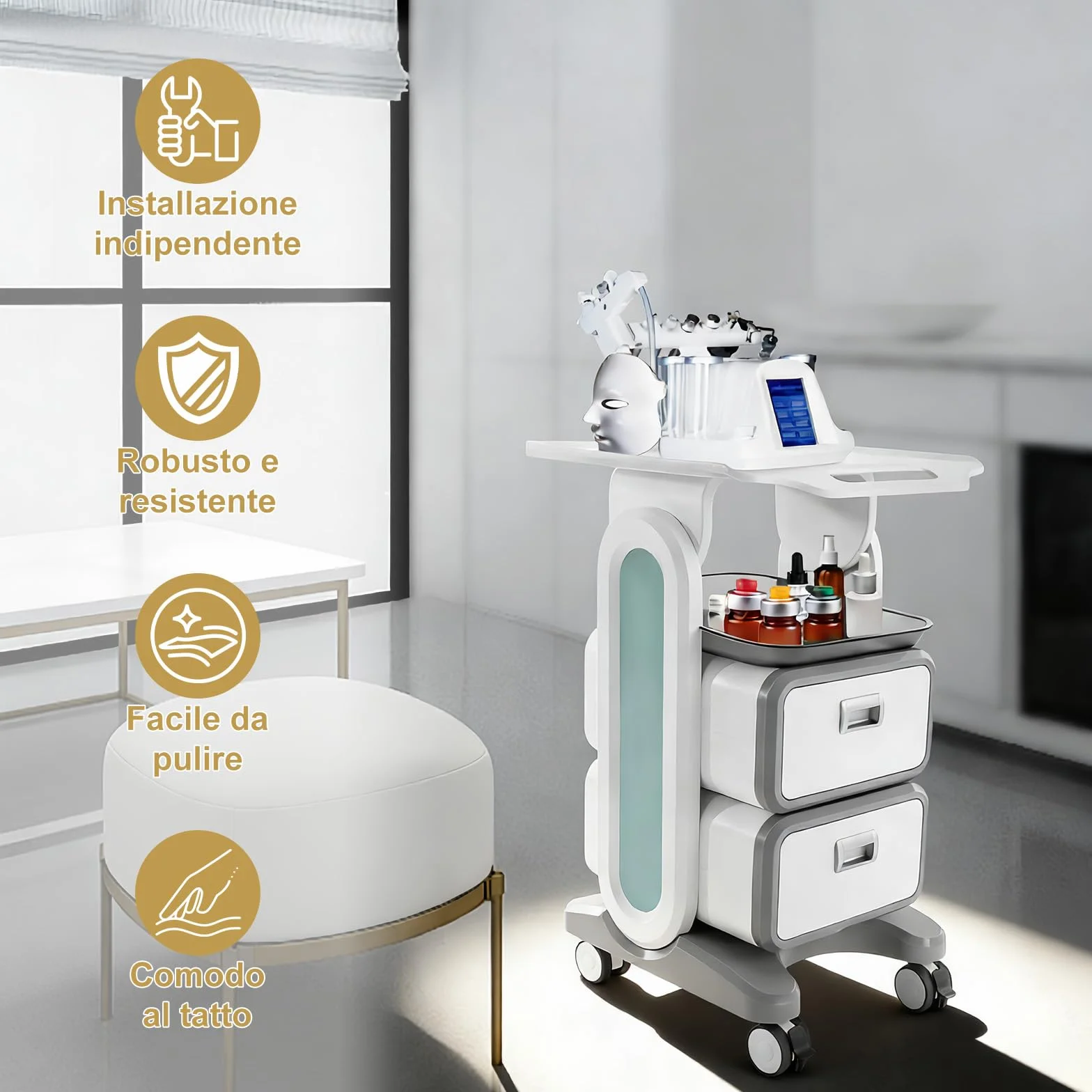 Carrello da Laboratorio 3 Ripiani Medico Mobile ABS 4 Ruote Silenziose Cassetti Vassoio