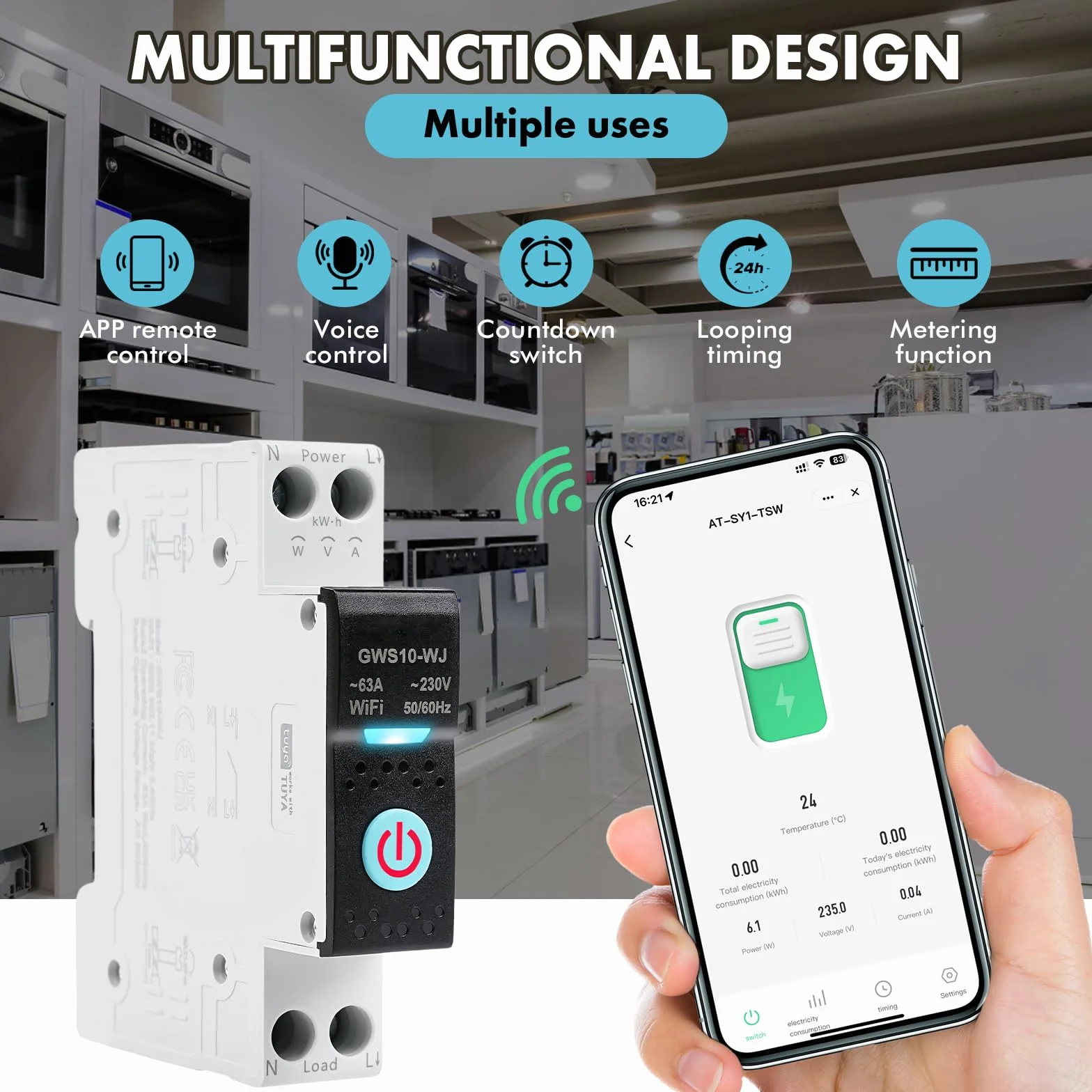 Interruttore Smart WIFI 63A Tuya interruttore Intelligente wifi controllo vocale 5 Modalità di Temporizzazione AC 230V smart switch monitoraggio energetico Compatibile con Alexa/Google Home GWS10-WJ