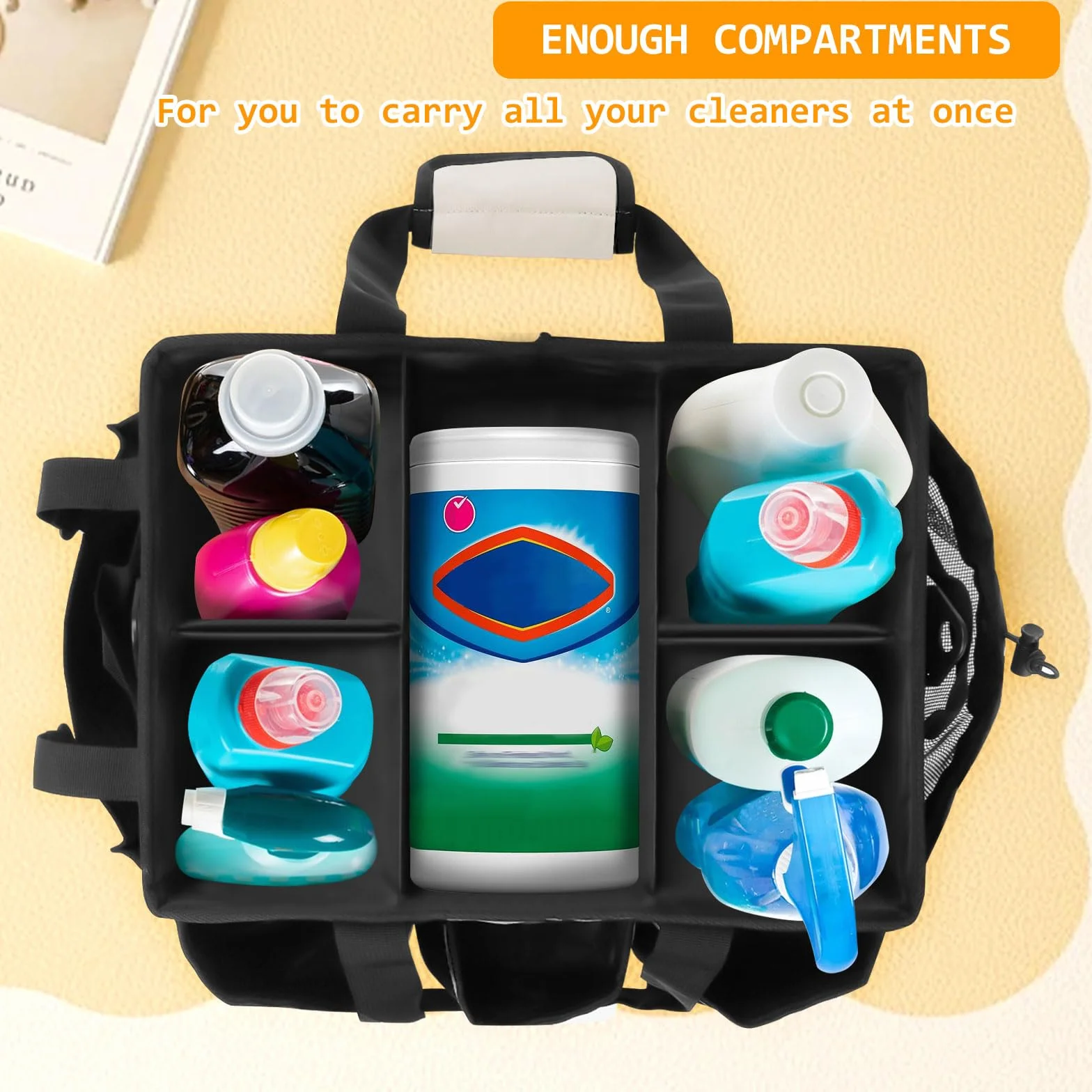Cesto Per La Conservazione Dei Prodotti Per La Pulizia,Cestino Porta Attrezzi con 5 Tasche Esterne, Organizer Per Pulizie in Tessuto Oxford, Impermeabile, con Spallacci Regolabili (Bianco)