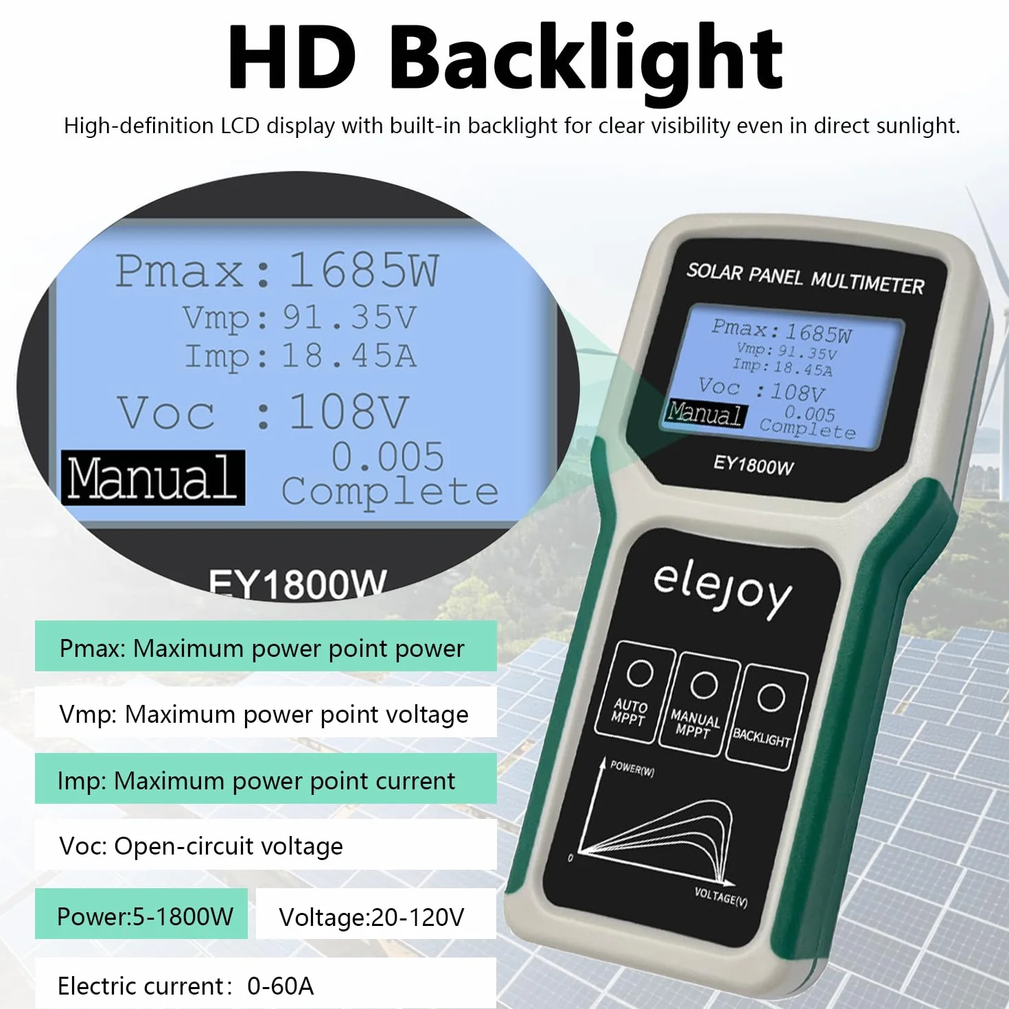 Pannello solare MPPT, 1800 W, pannello fotovoltaico, multimetro con display LCD, tensione a vuoto intelligente e test dei dati per test solari PV, non superiore a DC 20-120 V, 60 A