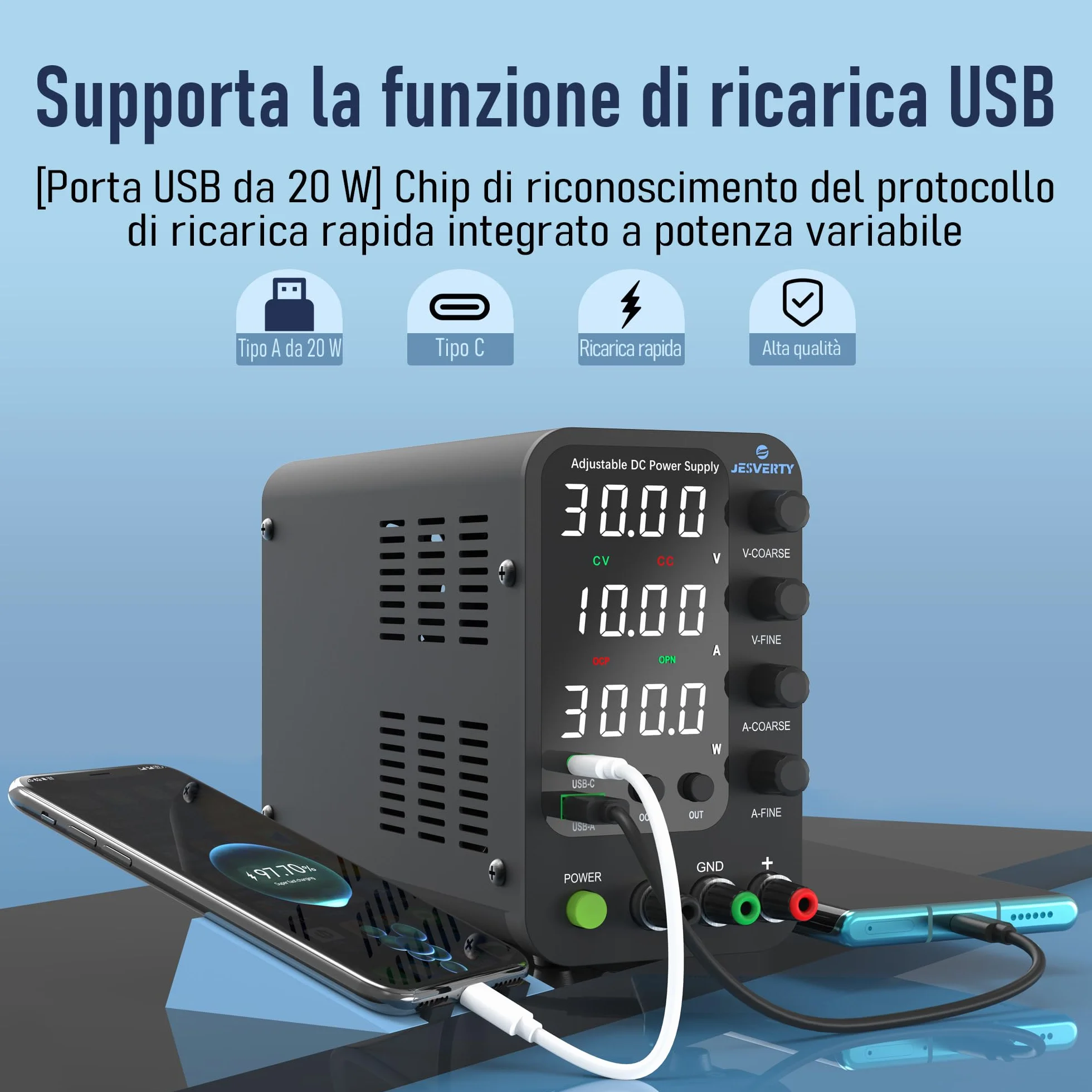 Alimentatore da Banco Variabile 32V 10A SPS-3010V con Ricarica Rapida USB Type-C 20W