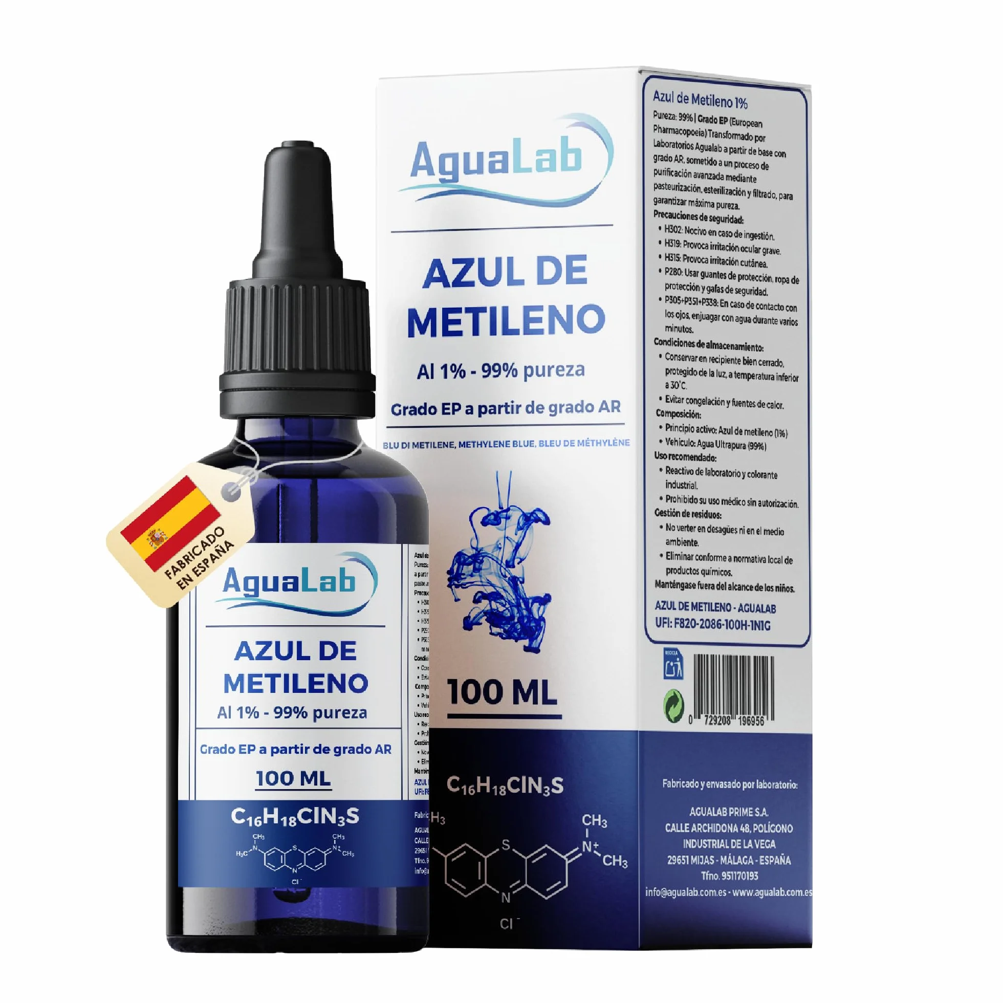 Blu di Metilene 1% Soluzione Grado EP 100 ml Alta Purezza 99% Flacone di Vetro Ambra con Dosatore