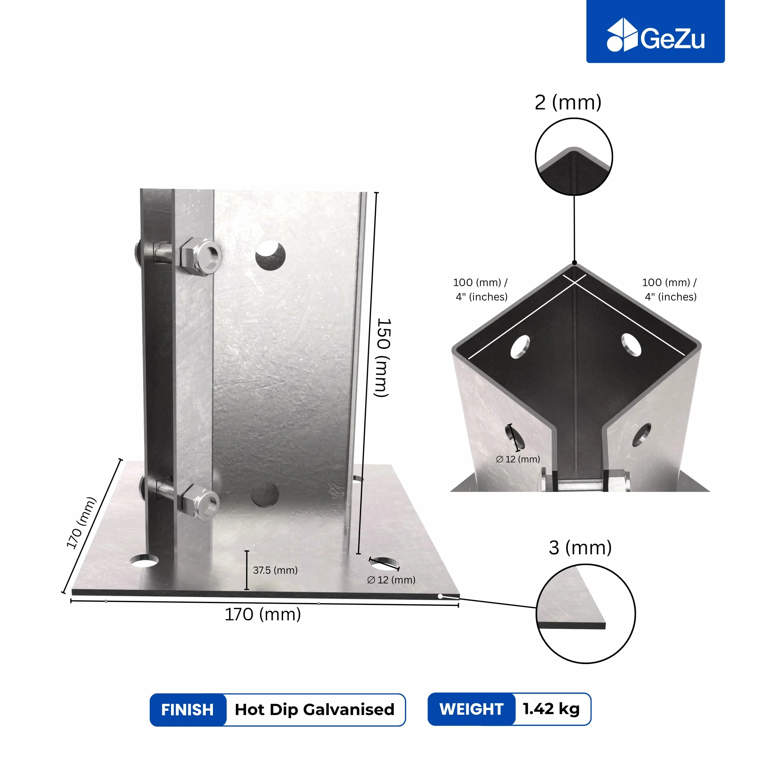 Supporto per Palo da Fissare 100 x 100 mm Zincato a Caldo Staffa Base Quadrata Recinzione