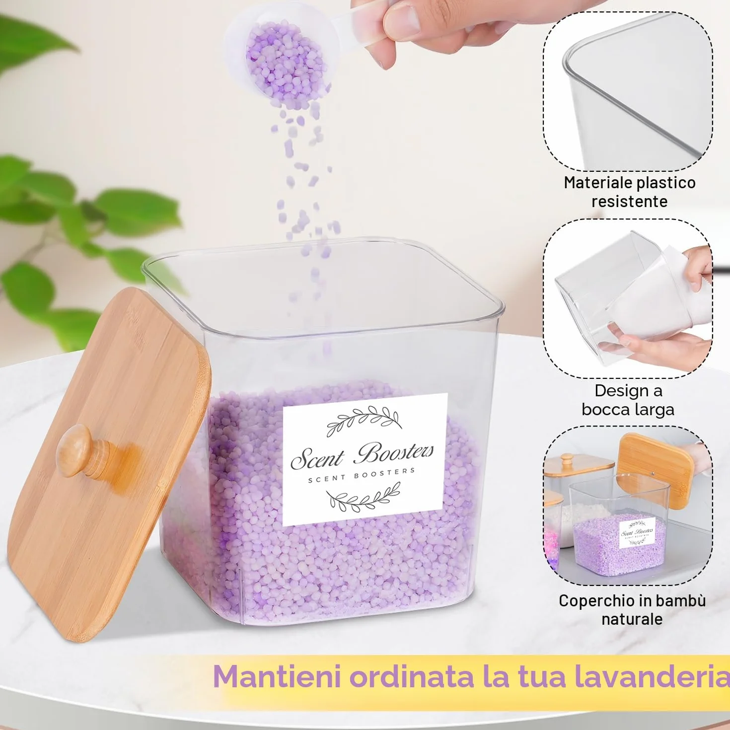 4 Grandi Contenitori per Capsule per Il Bucato, Contenitore per Detersivo con Coperchio, Contenitore Multiuso per Detersivo con 16 Adesivi e 4 Cucchiai per Lavaggio in Polvere, Fogli di Detersivo