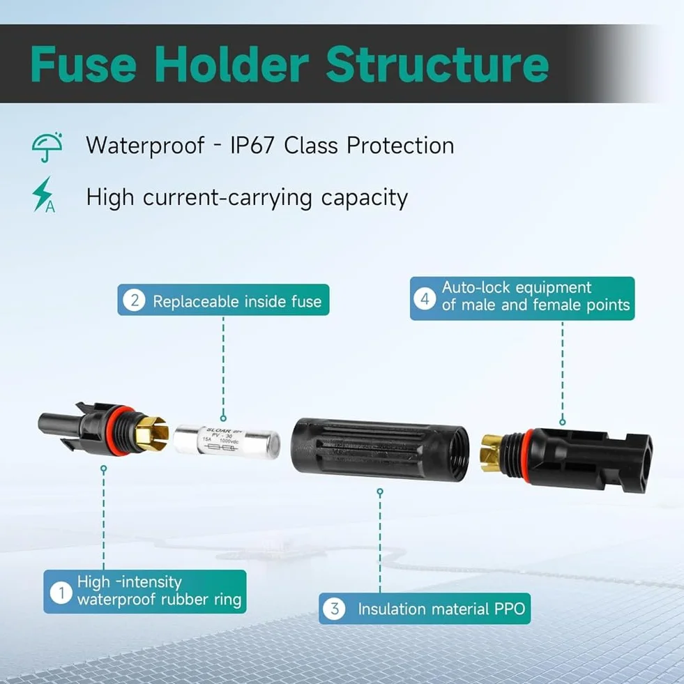 rieder Fusibile Solare 15A 1000V IP67 Portafusibile Solare Inline 2 Pezzi Fusibile Pannello Fotovoltaico Connettore Pannello Solare e Femmina