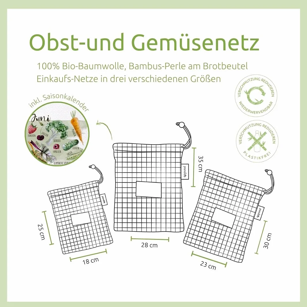 pandoo Set di 3 e 6 filetti per frutta e verdura | Cotone biologico | Acquista senza plastica