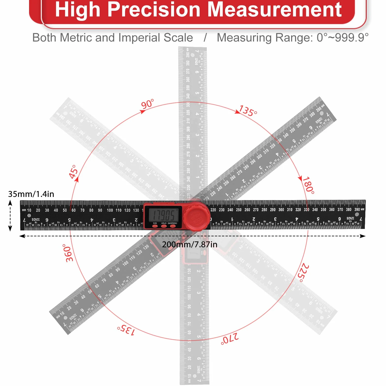 Goniometro digitale 2 in 1 200 mm 7,8 pollici con display LCD e funzione hold blocco righello angolare girevole 360°